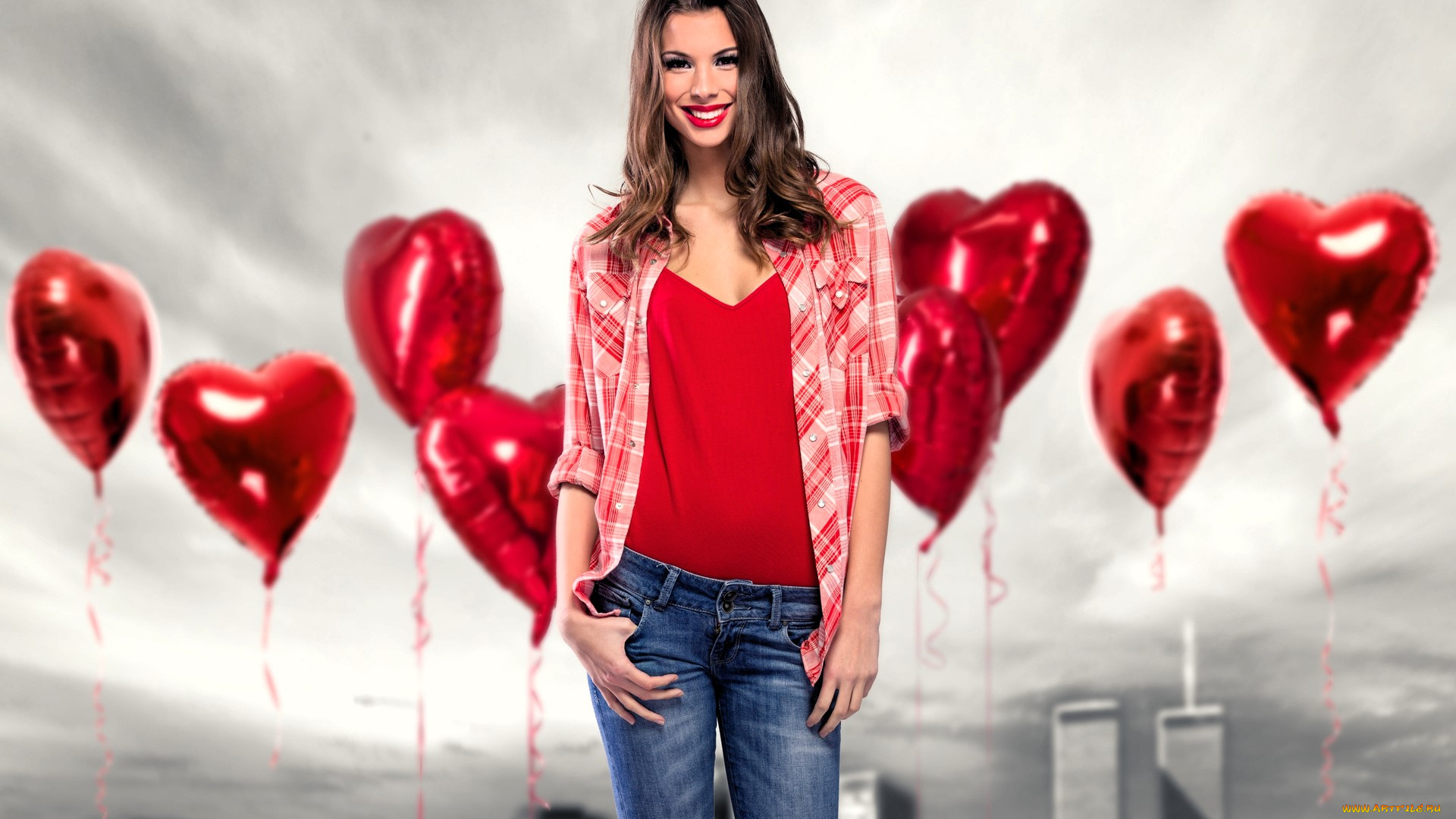 девушки, -, брюнетки, , шатенки, шатенка, рубашка, джинсы, шарики