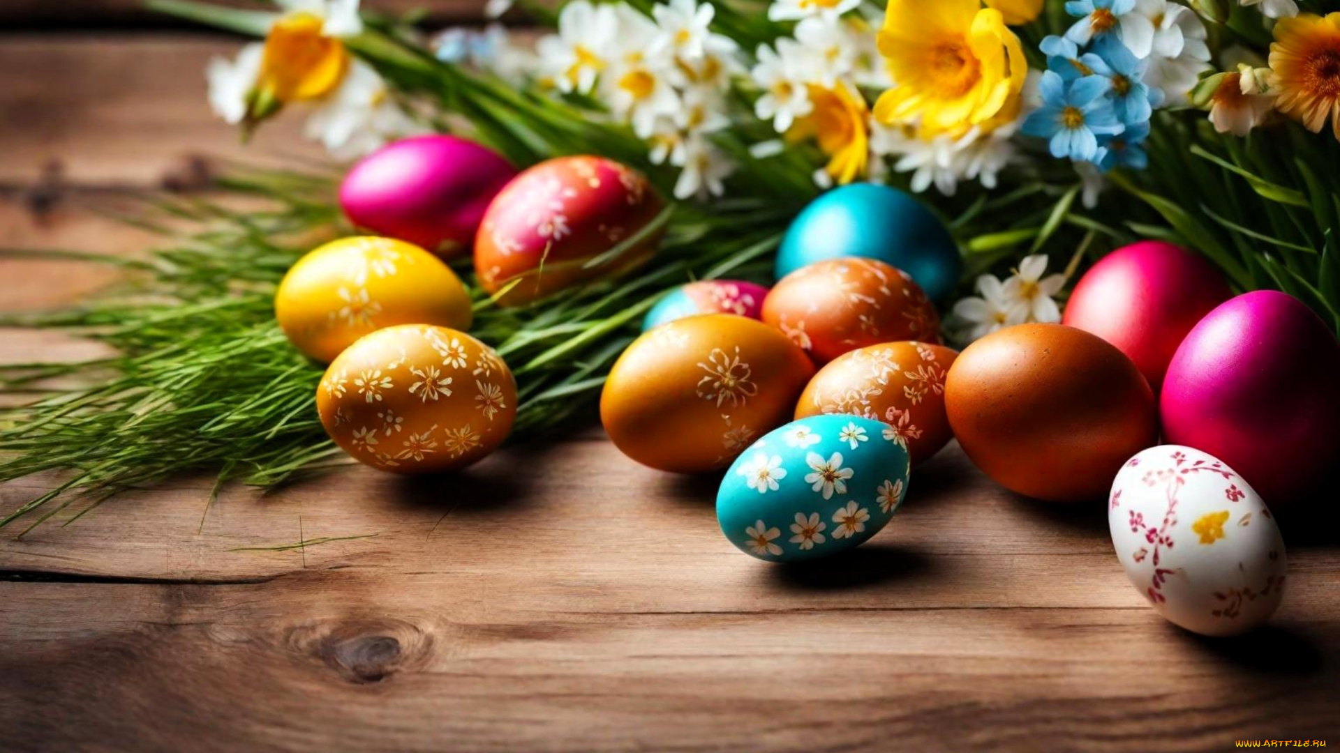 праздничные, пасха, цветы, букет, яйца