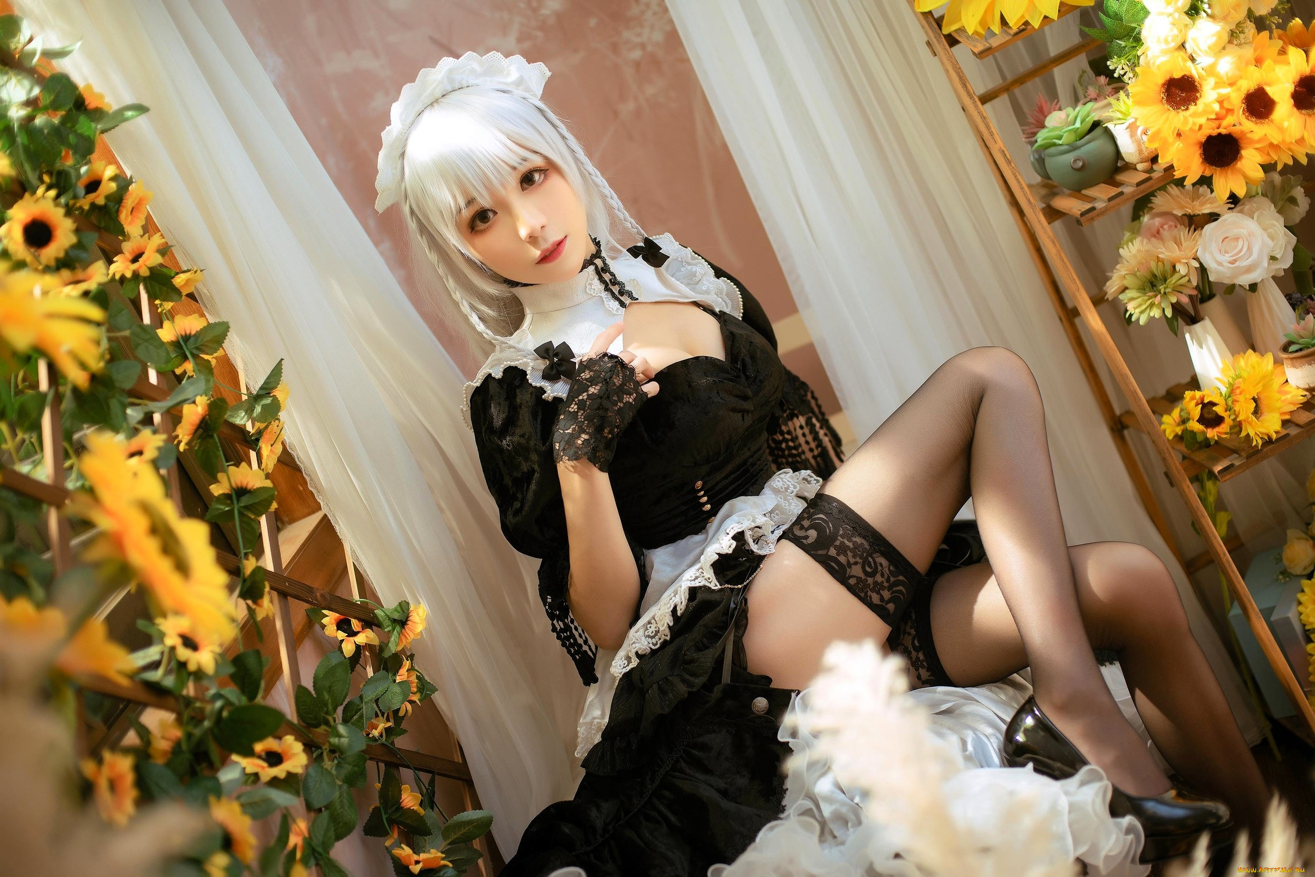 девушки, -, азиатки, образ, косплей, наряд, костюм, горничная, чулки, цветы