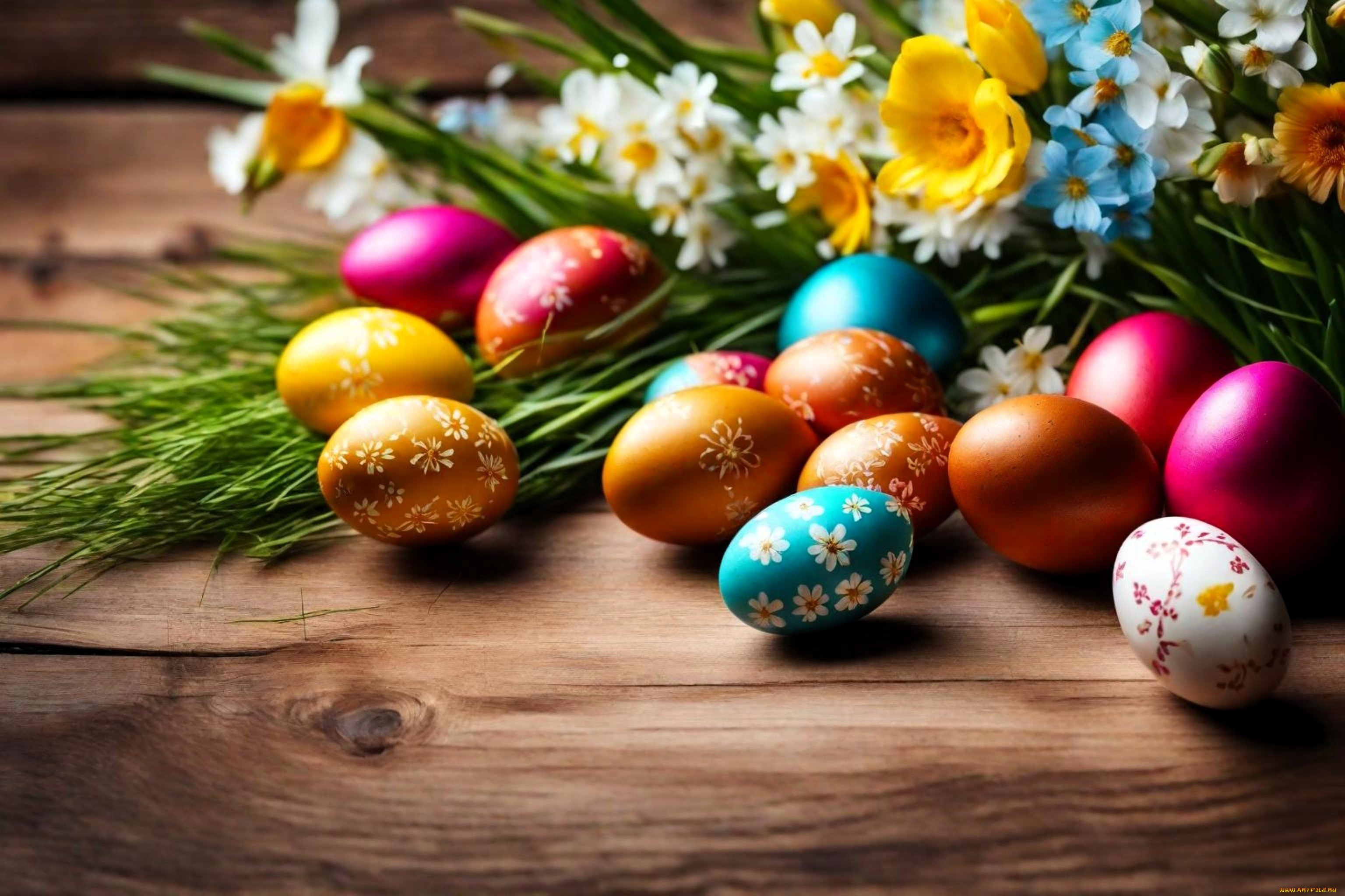 праздничные, пасха, цветы, букет, яйца