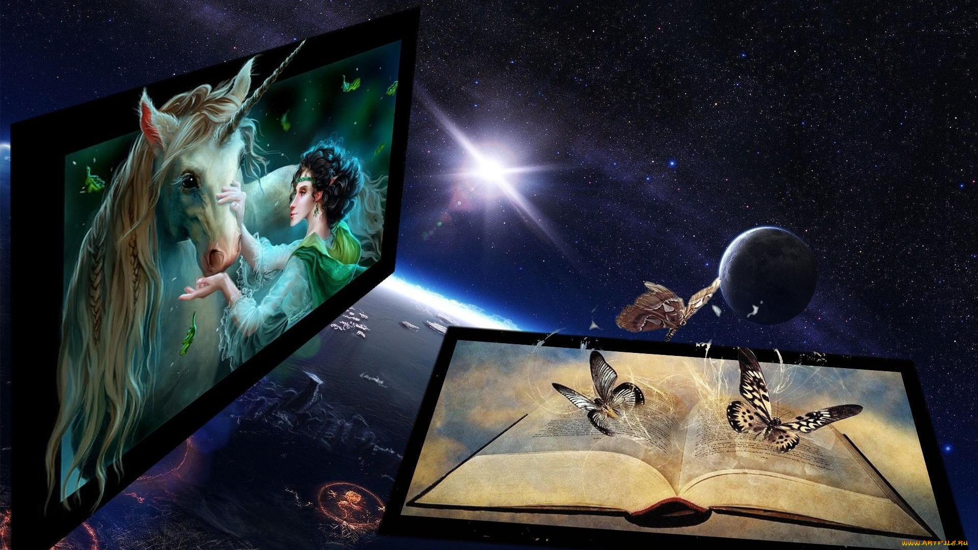 3д, графика, fantasy, фантазия, бабочки, единорог, книга, монитор, девушка