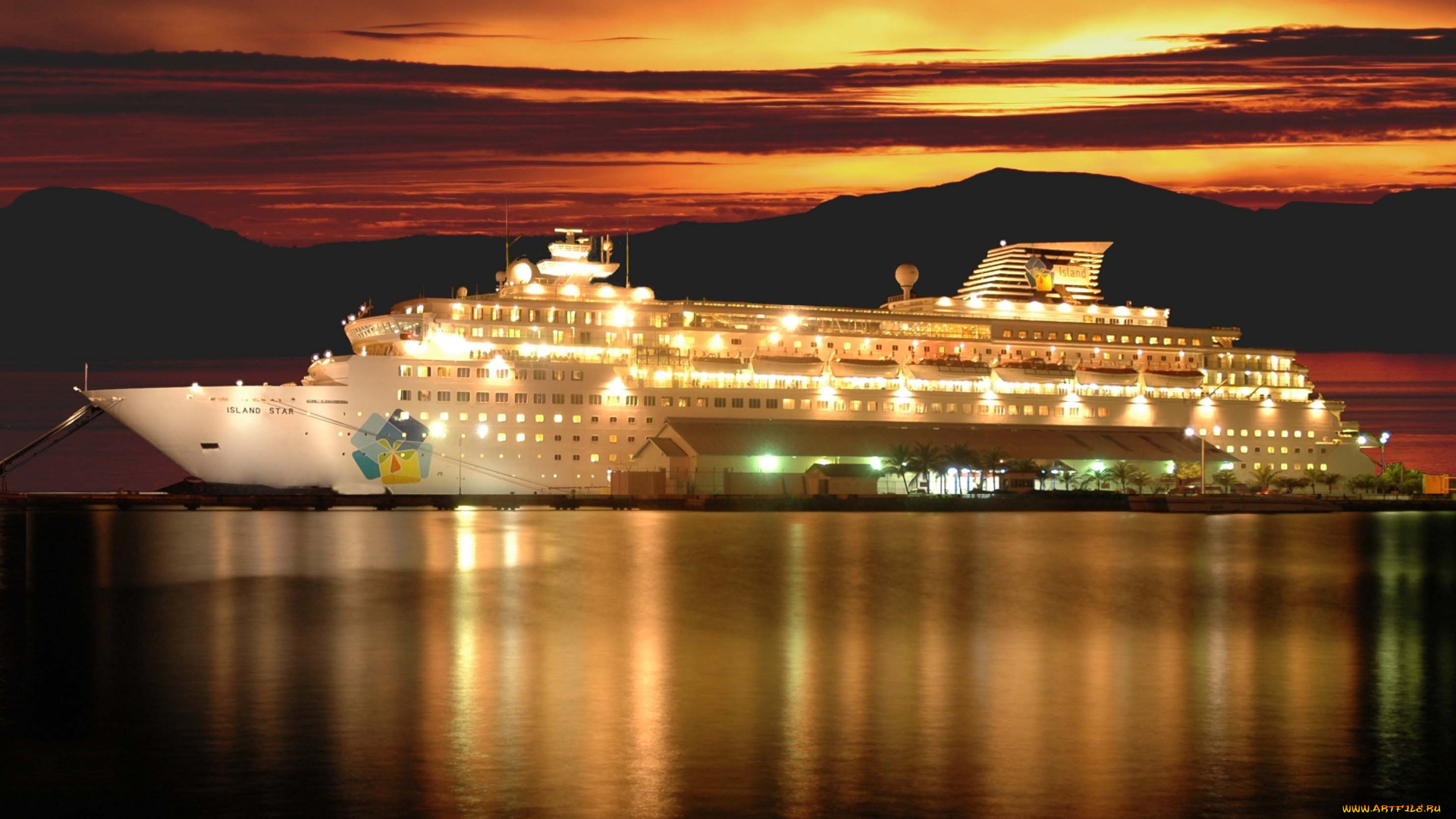island, star, корабли, лайнеры, вода, огни, корабль