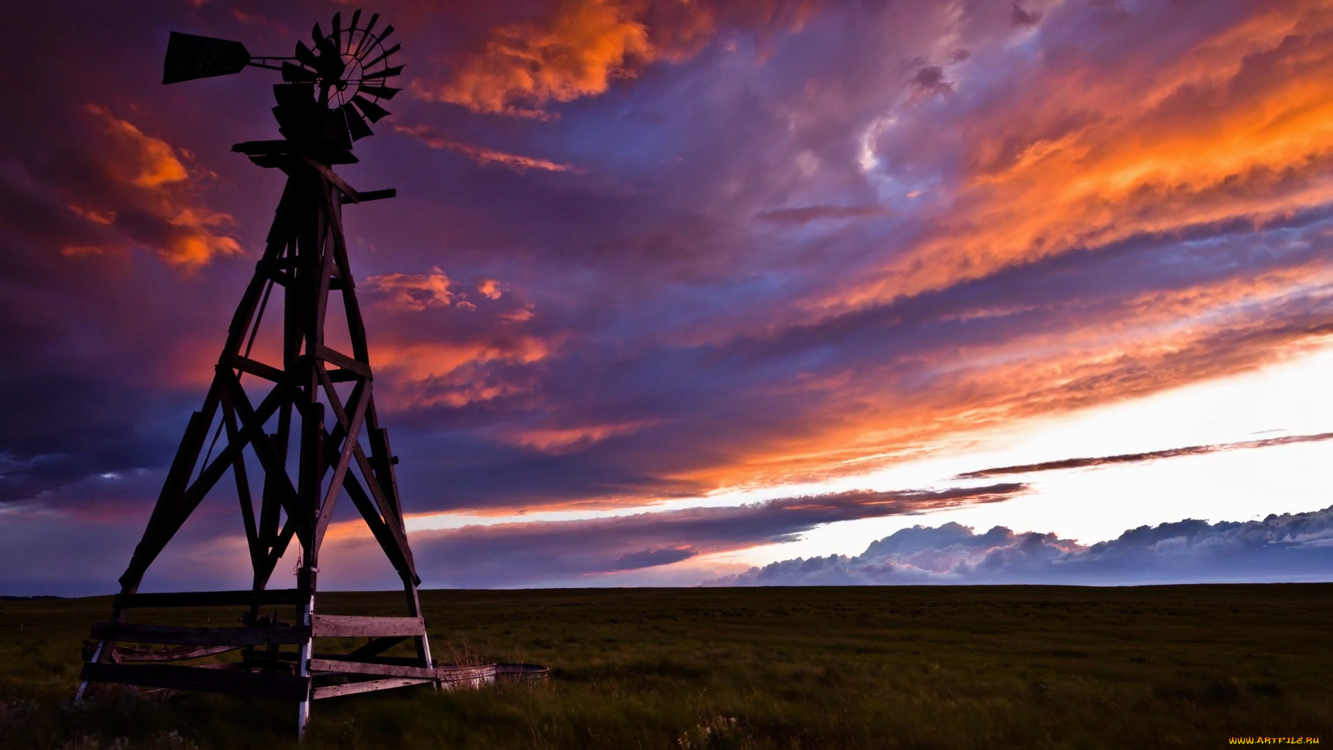 природа, другое, ветряк, небо, поле, закат