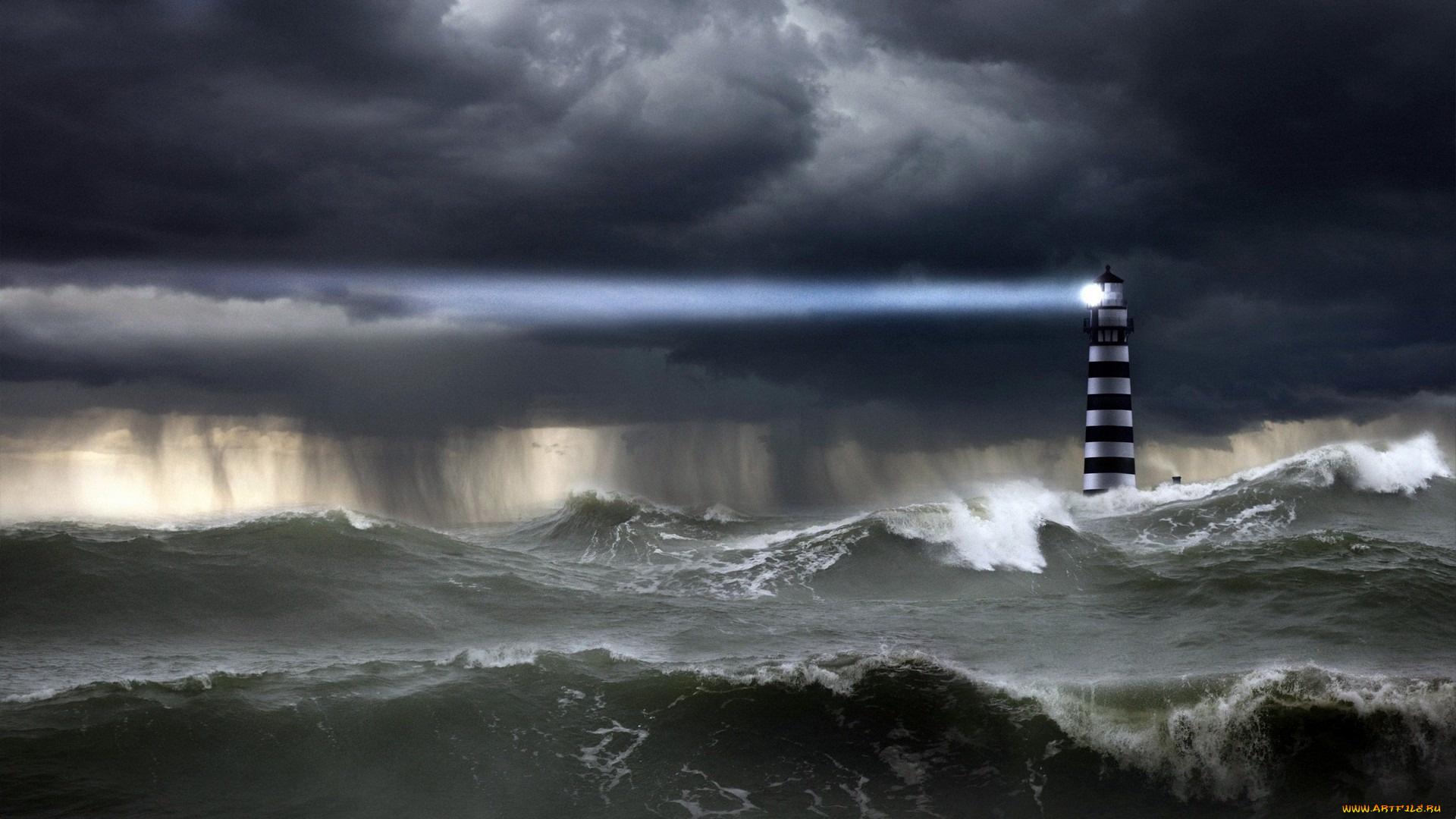 природа, маяки, ливень, маяк, луч, стихия, тучи, небо, океан, шторм, волны