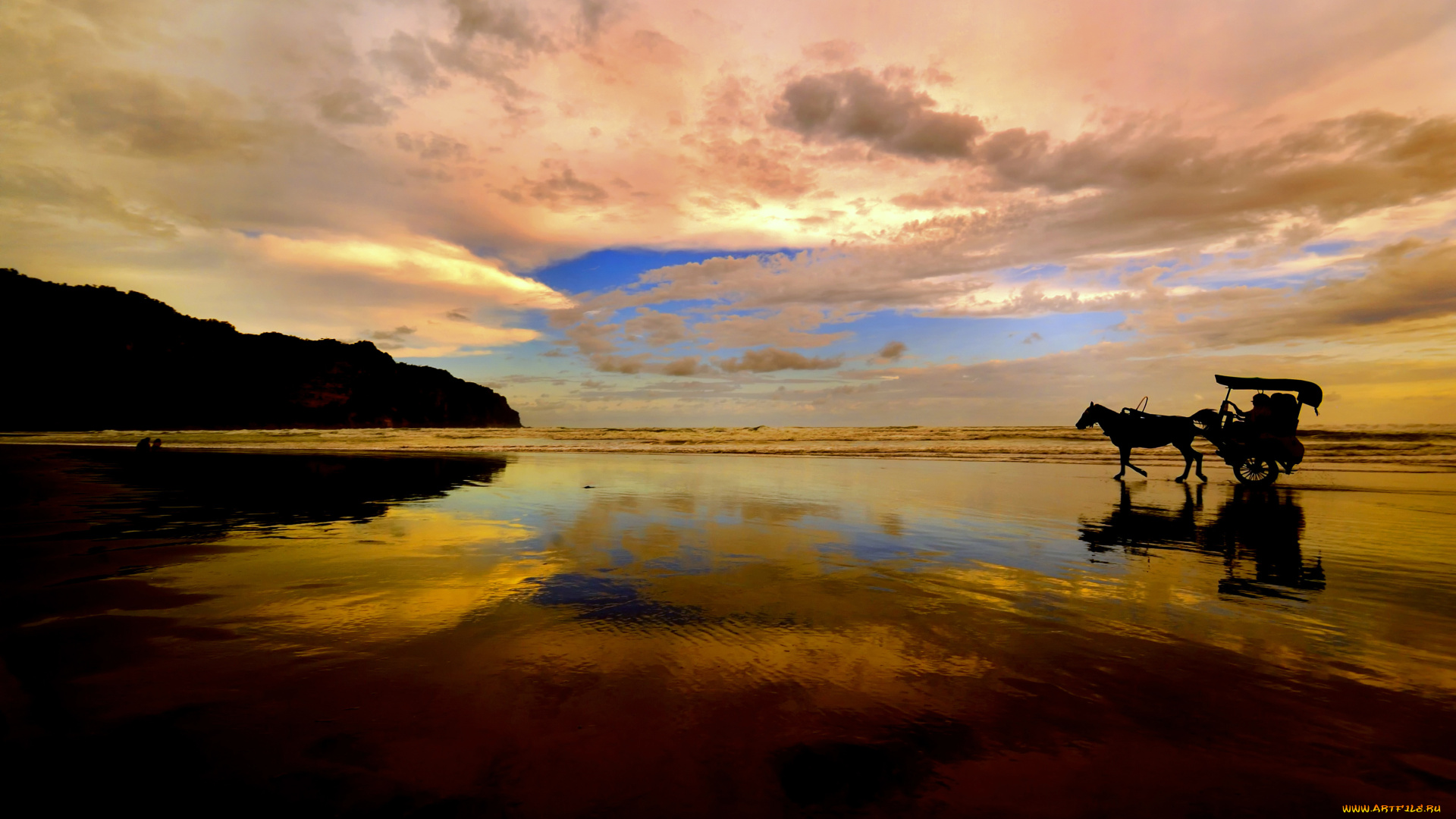 природа, побережье, пейзаж, повозка, небо, море