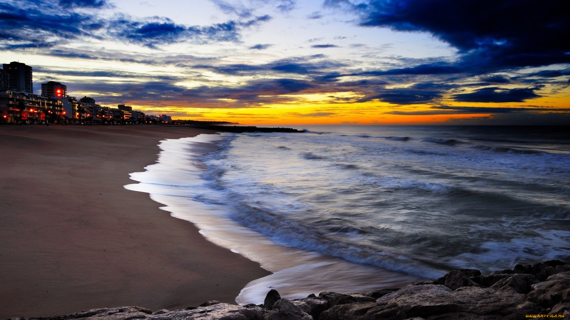 природа, восходы, закаты, берег, море, песок, камни, облака, дома