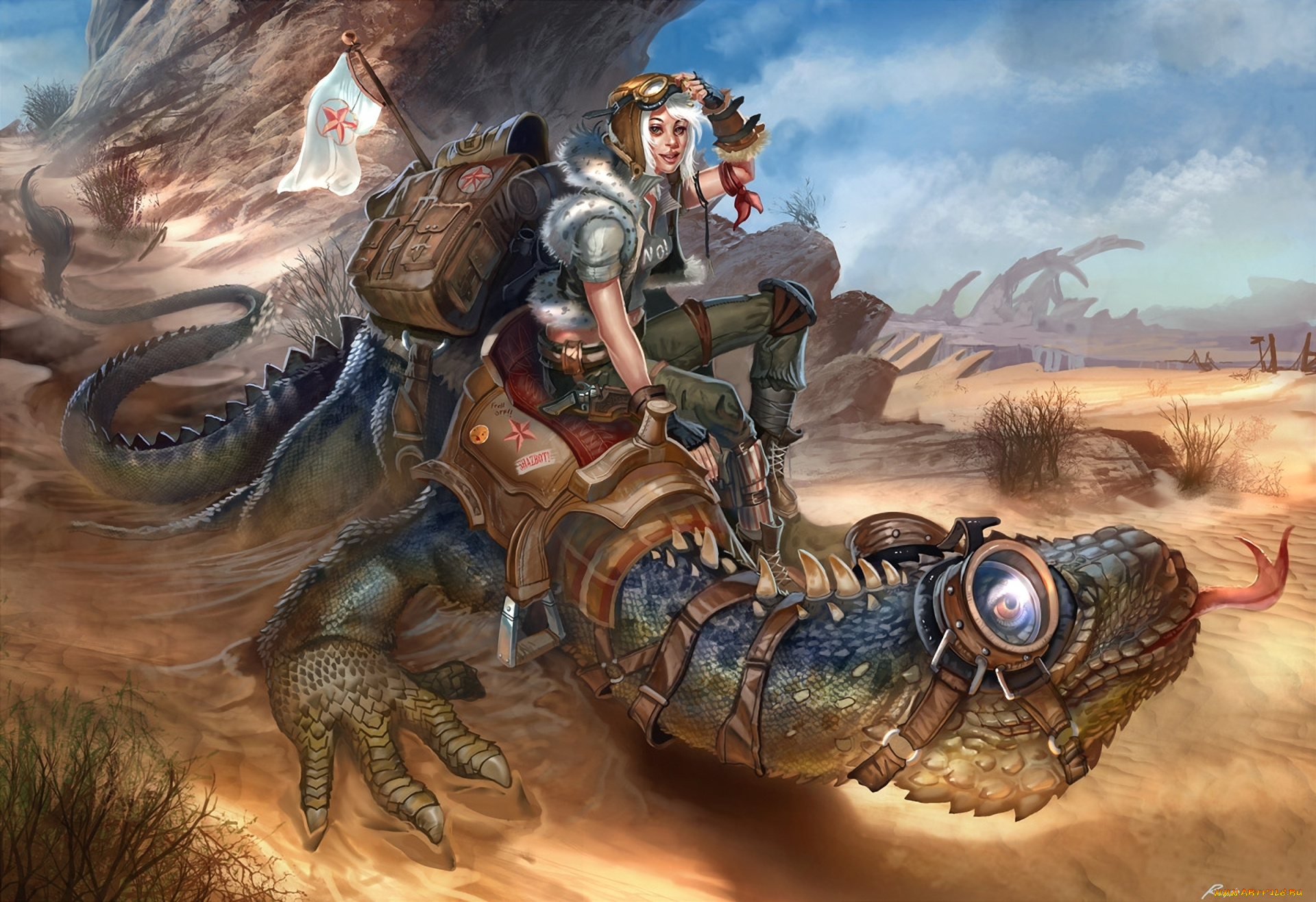 фэнтези, красавицы, чудовища, пустыня, девушка, ящер
