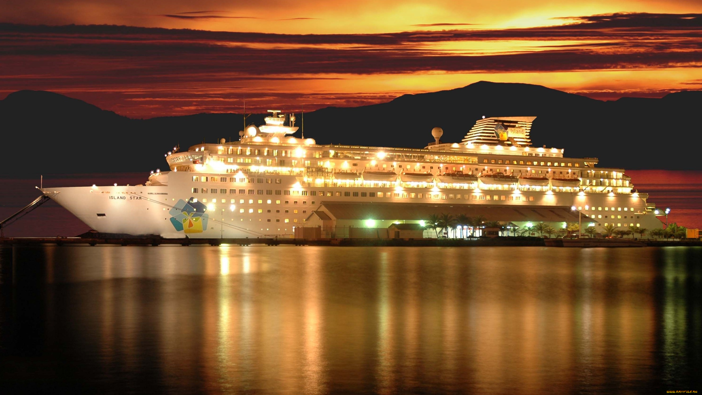 island, star, корабли, лайнеры, вода, огни, корабль
