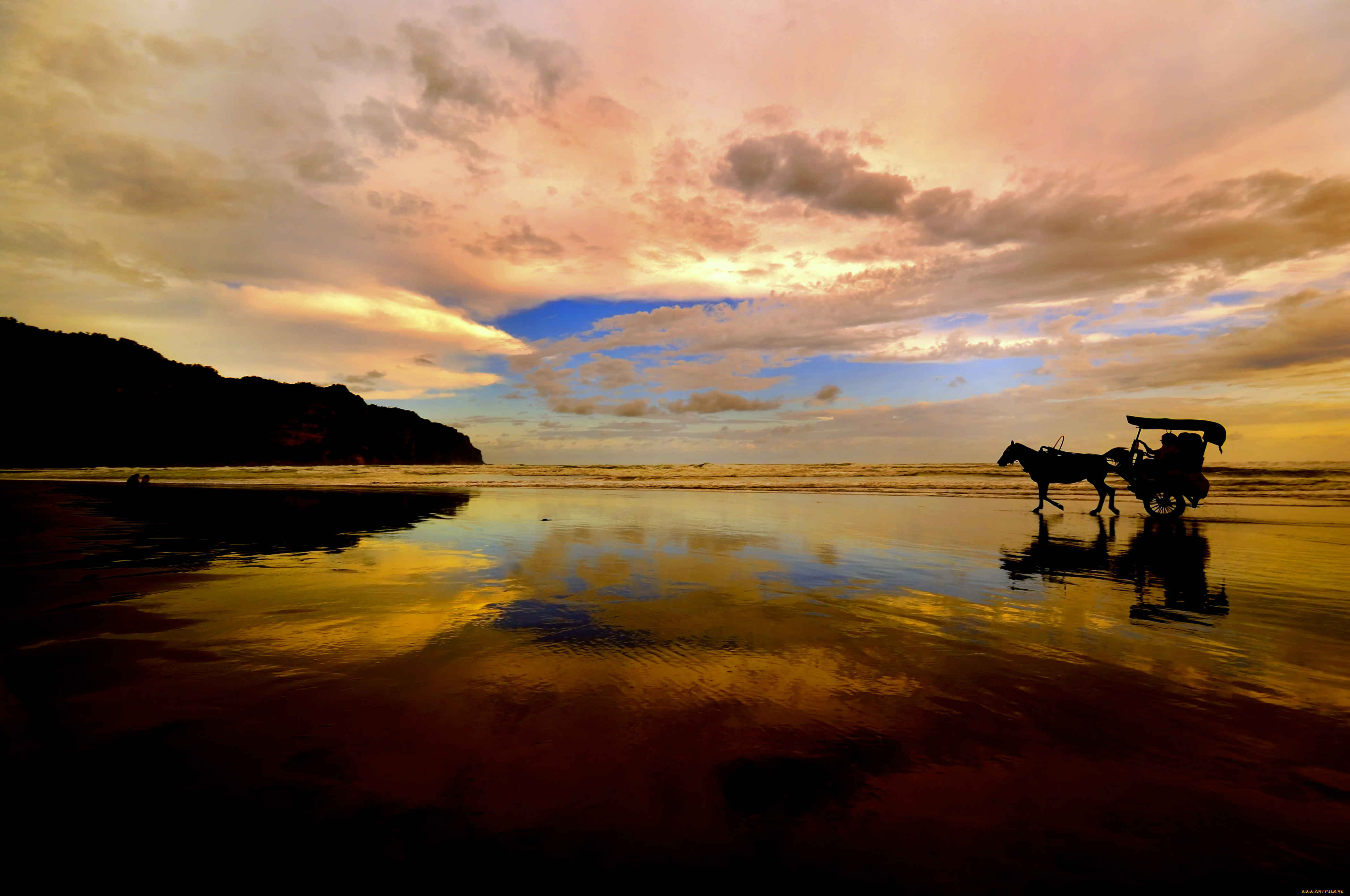 природа, побережье, пейзаж, повозка, небо, море