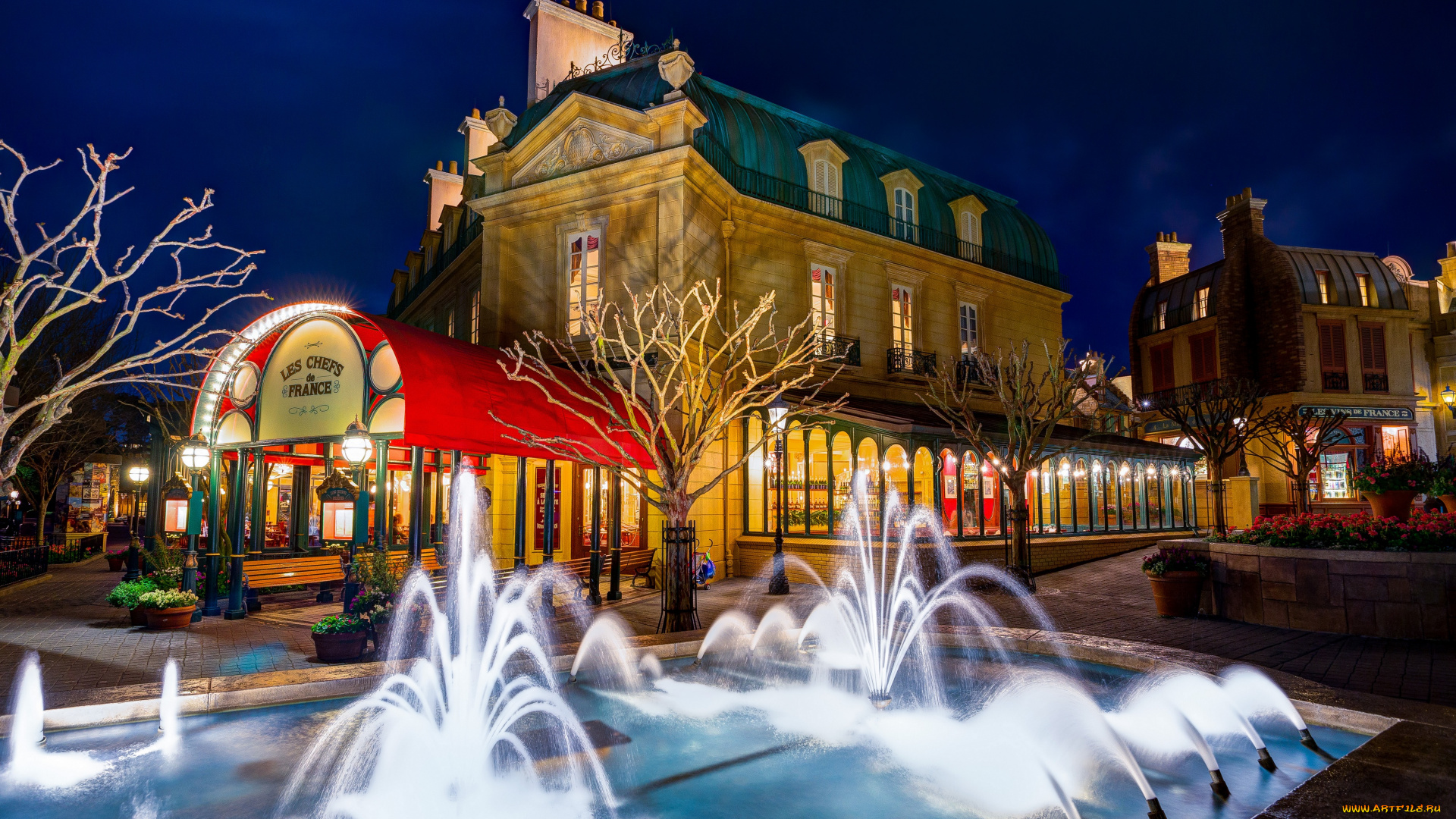 города, диснейленд, флорида, фонтан, парк, диснея, кусочек, франции