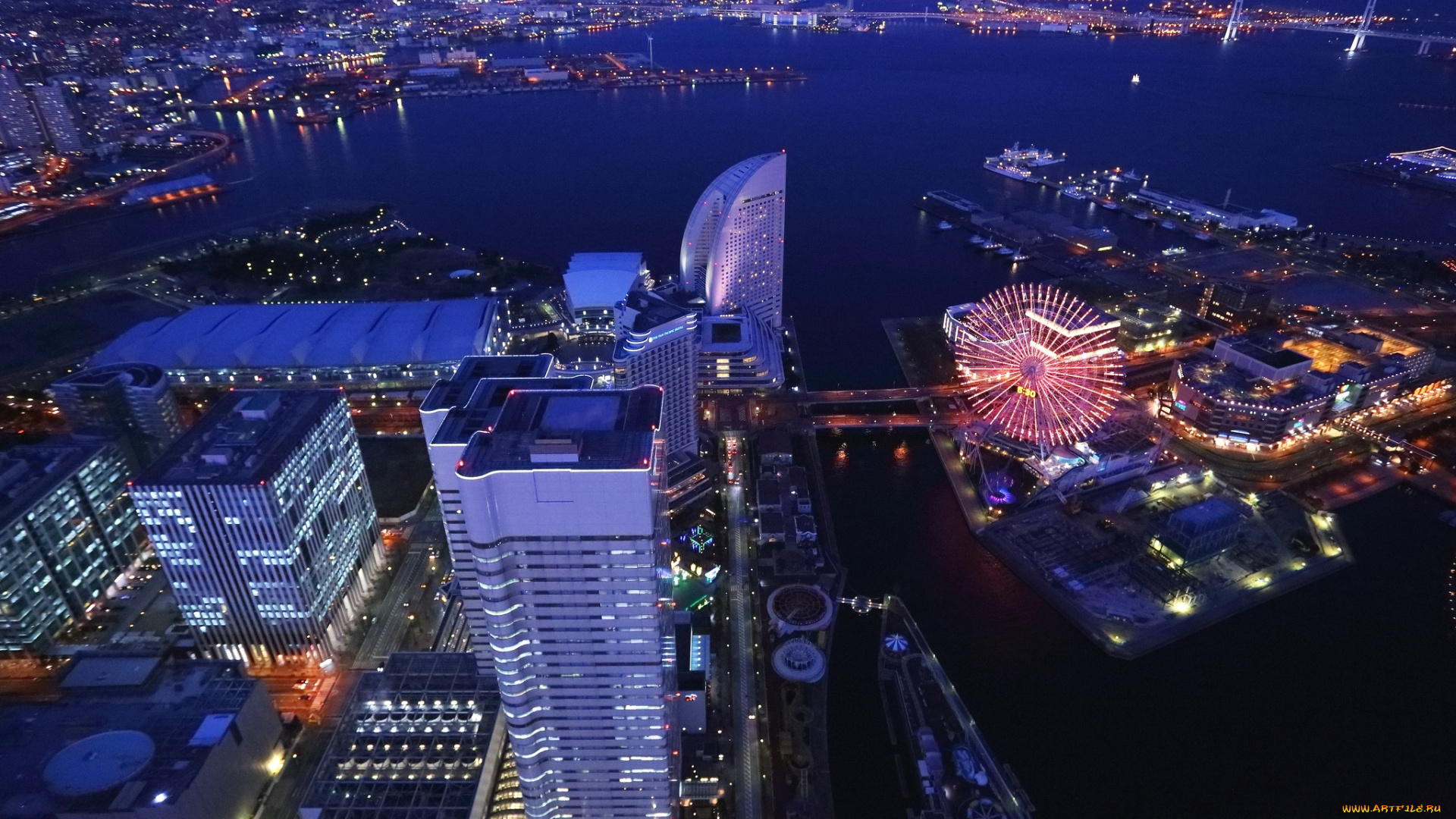 города, йокогама, Япония, высотки, ночь, колесо, обозрения, гостиница