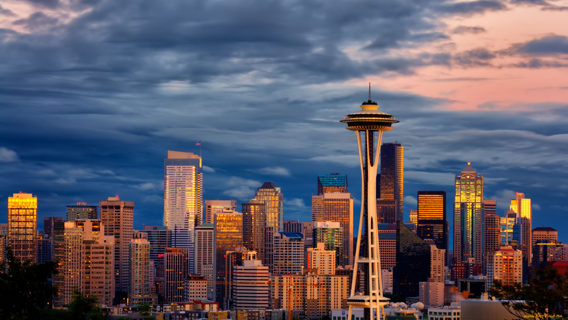 города, сиэтл, сша, панорама, здания, телебашня