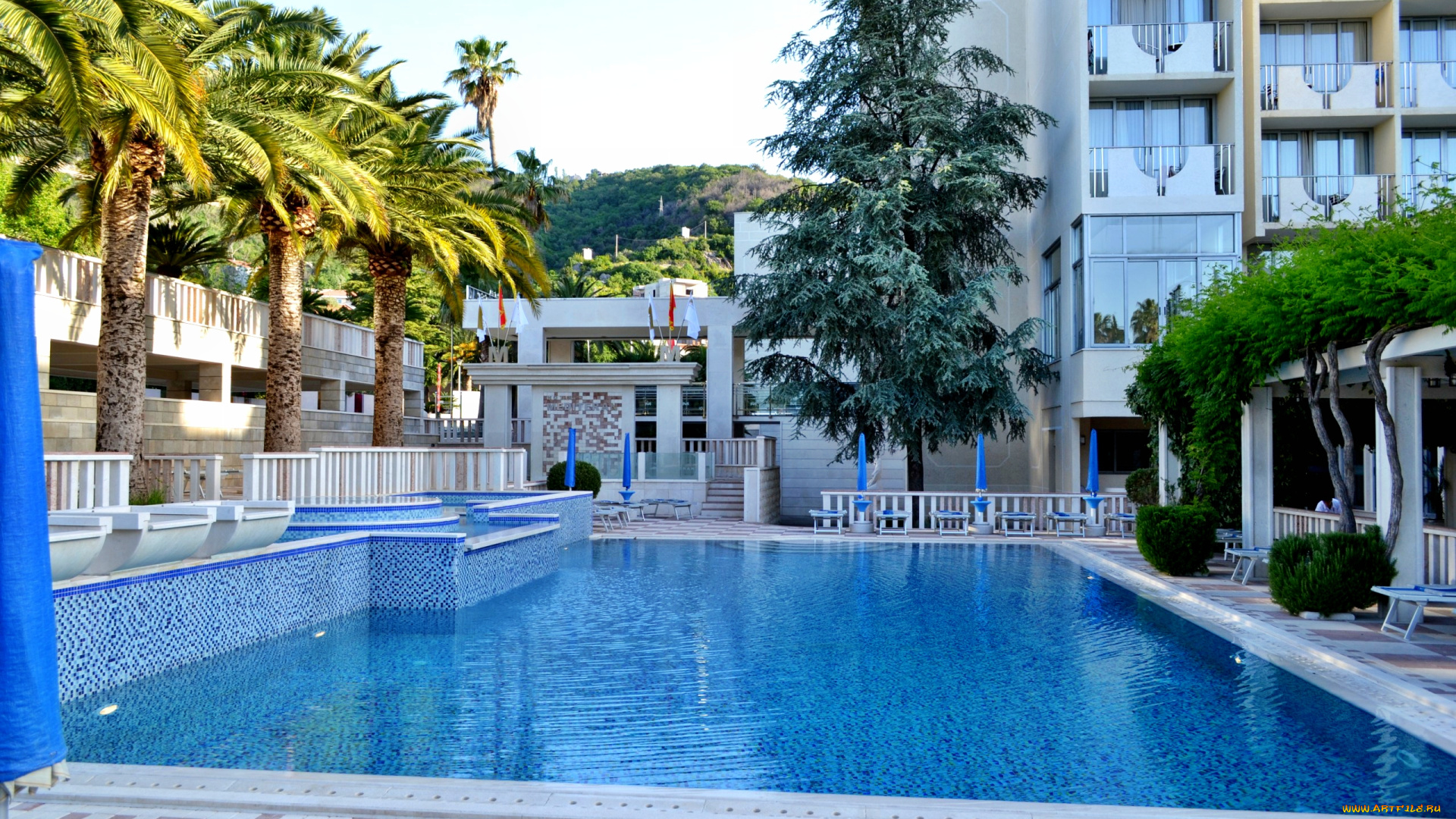 отель, медитеран, интерьер, бассейны, открытые, площадки, Черногория, бассейн, шесзлонги, пальмы