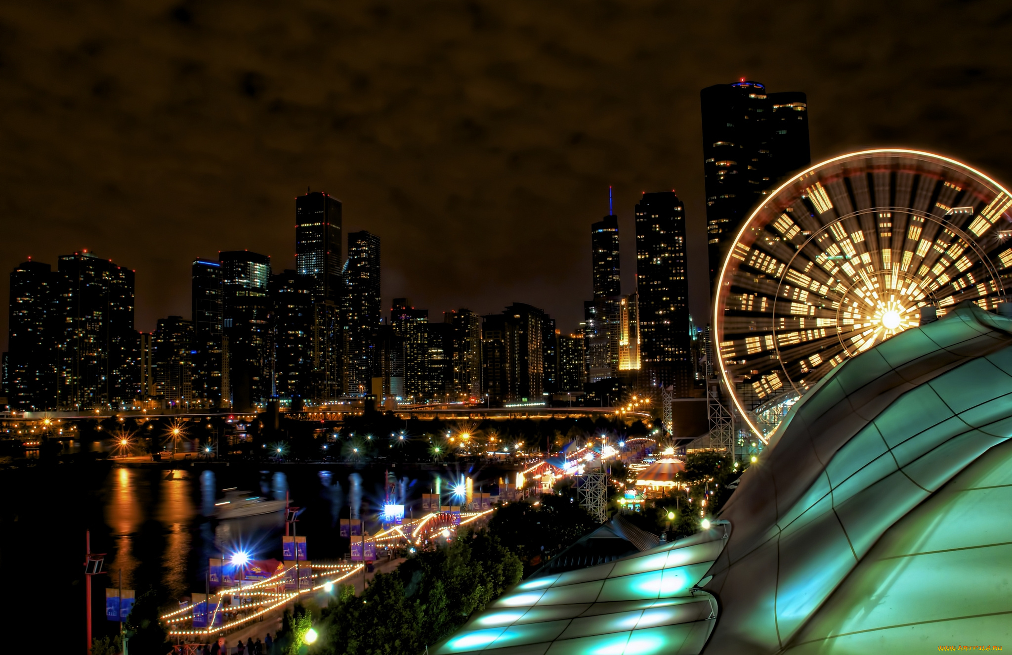 города, Чикаго, сша, огни, ночь, небоскрёбы, здания