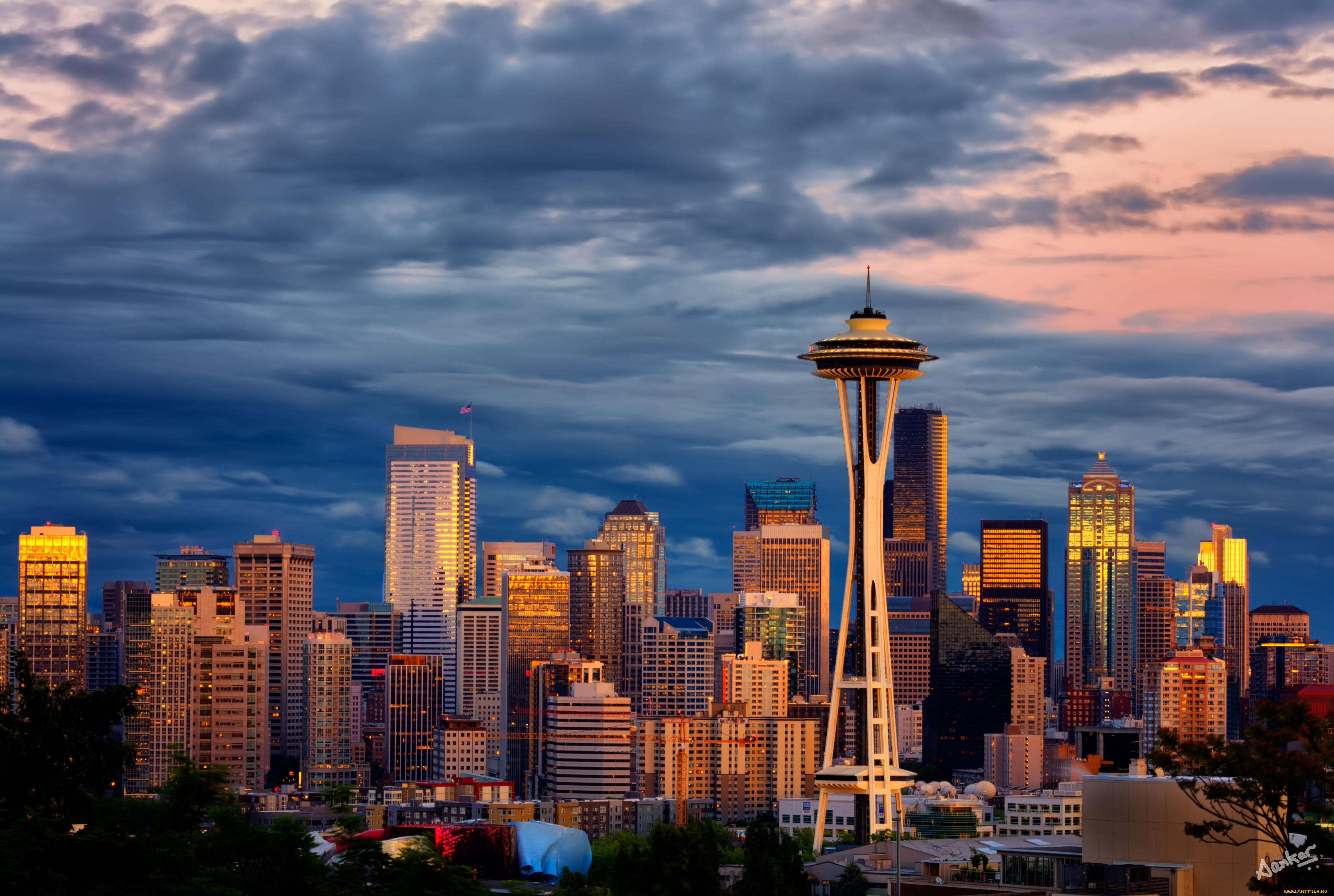 города, сиэтл, сша, панорама, здания, телебашня
