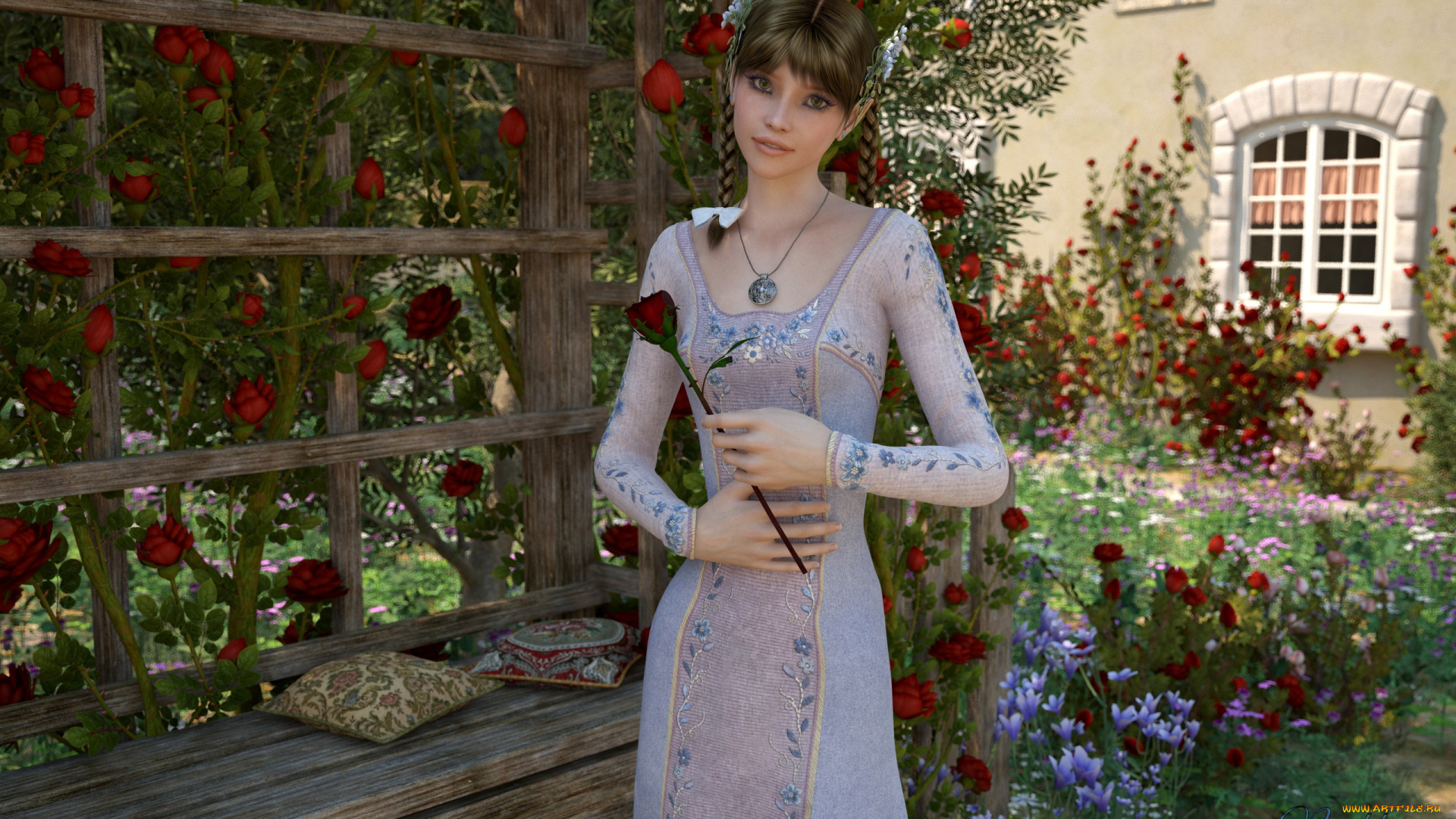 3д, графика, люди, , people, фон, взгляд, девушка, роза