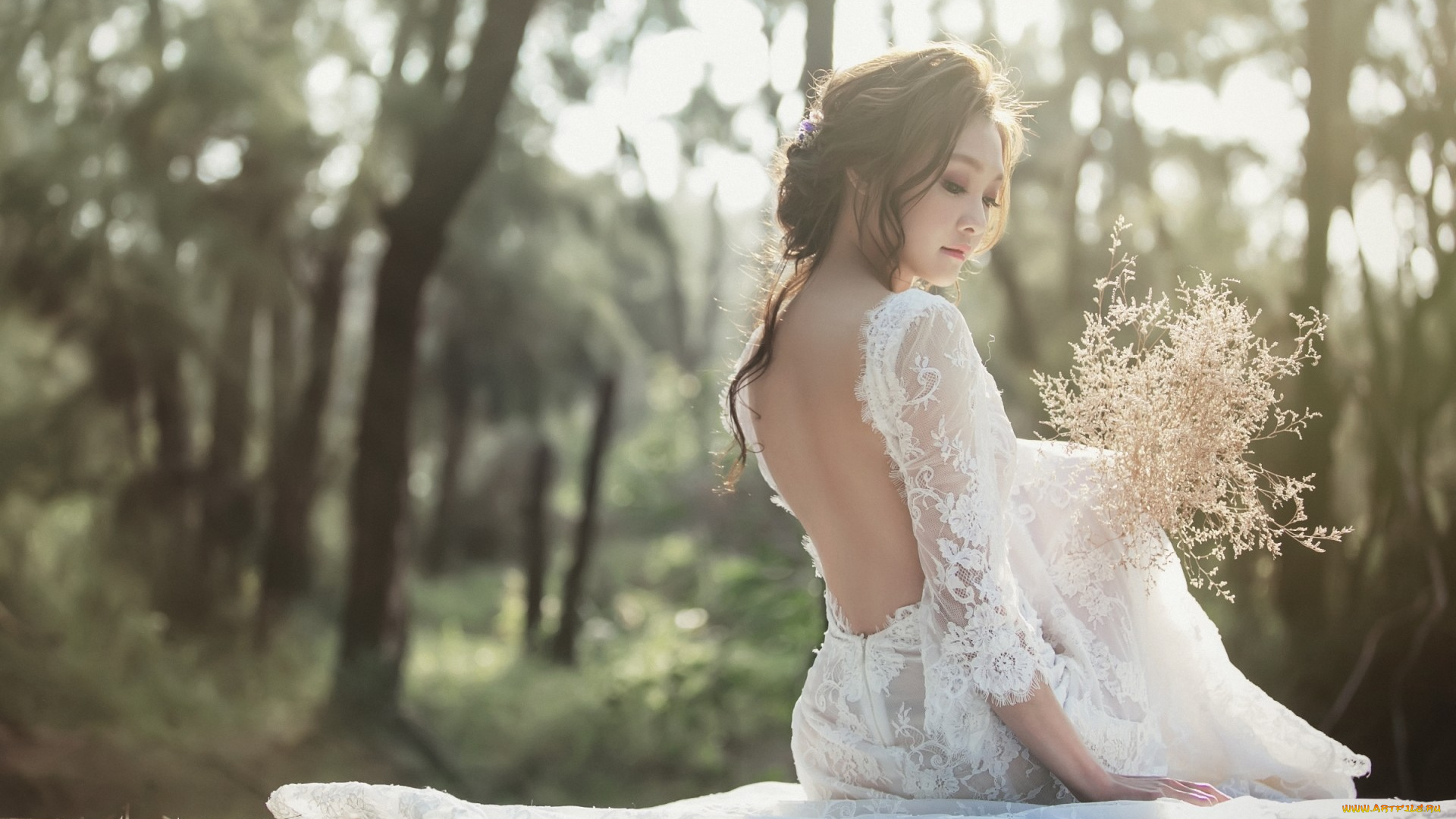 девушки, -unsort, , азиатки, невеста, девушка, азиатка, платье, букет, спина