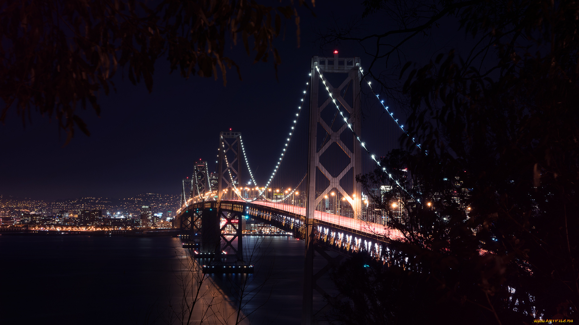 города, -, мосты, пейзаж, запад, сан, -, франциско, bay, bridge, архитектура, ночь, городской