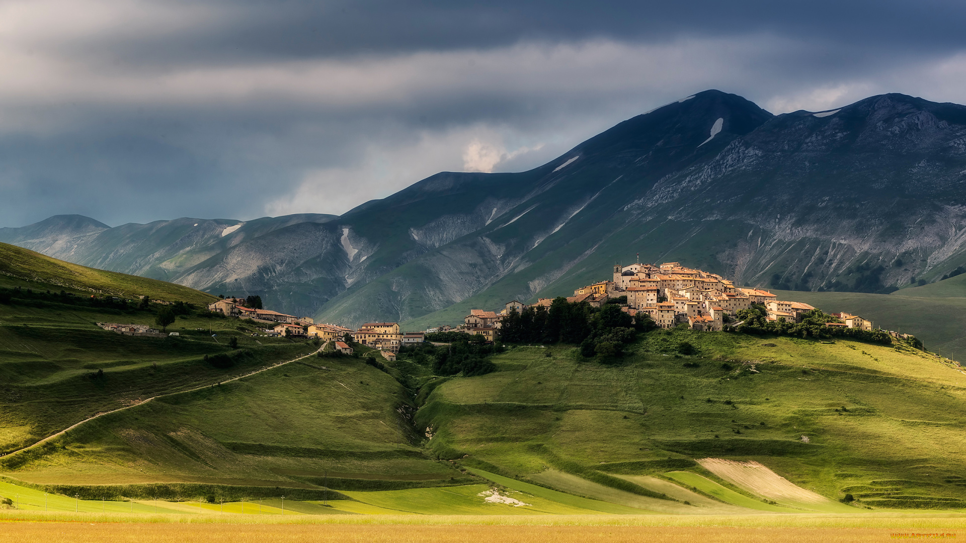 города, -, пейзажи, город, трава, горы, италия, norcia
