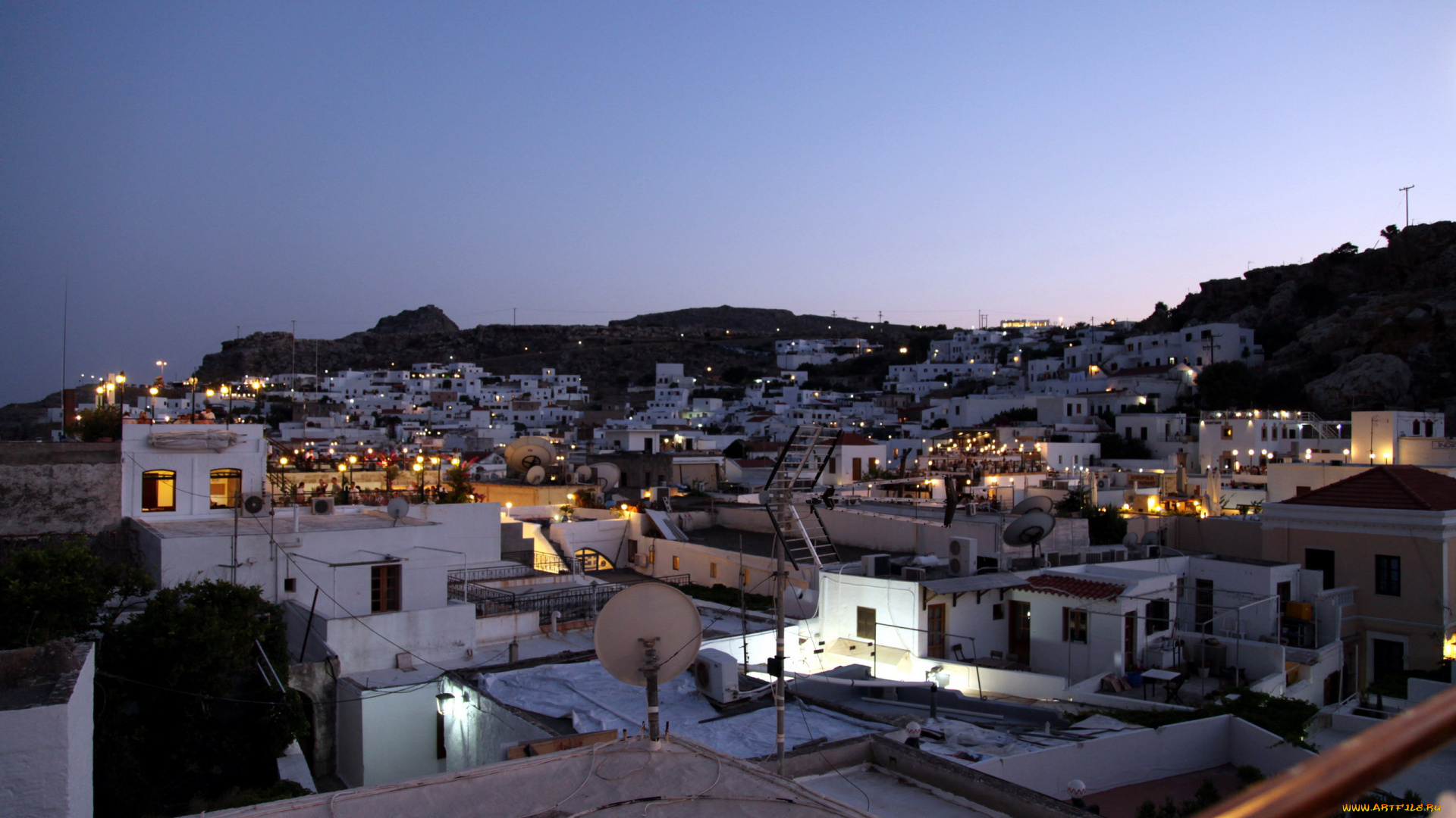 родос, греция, города, -, огни, ночного, города, вечер, огни