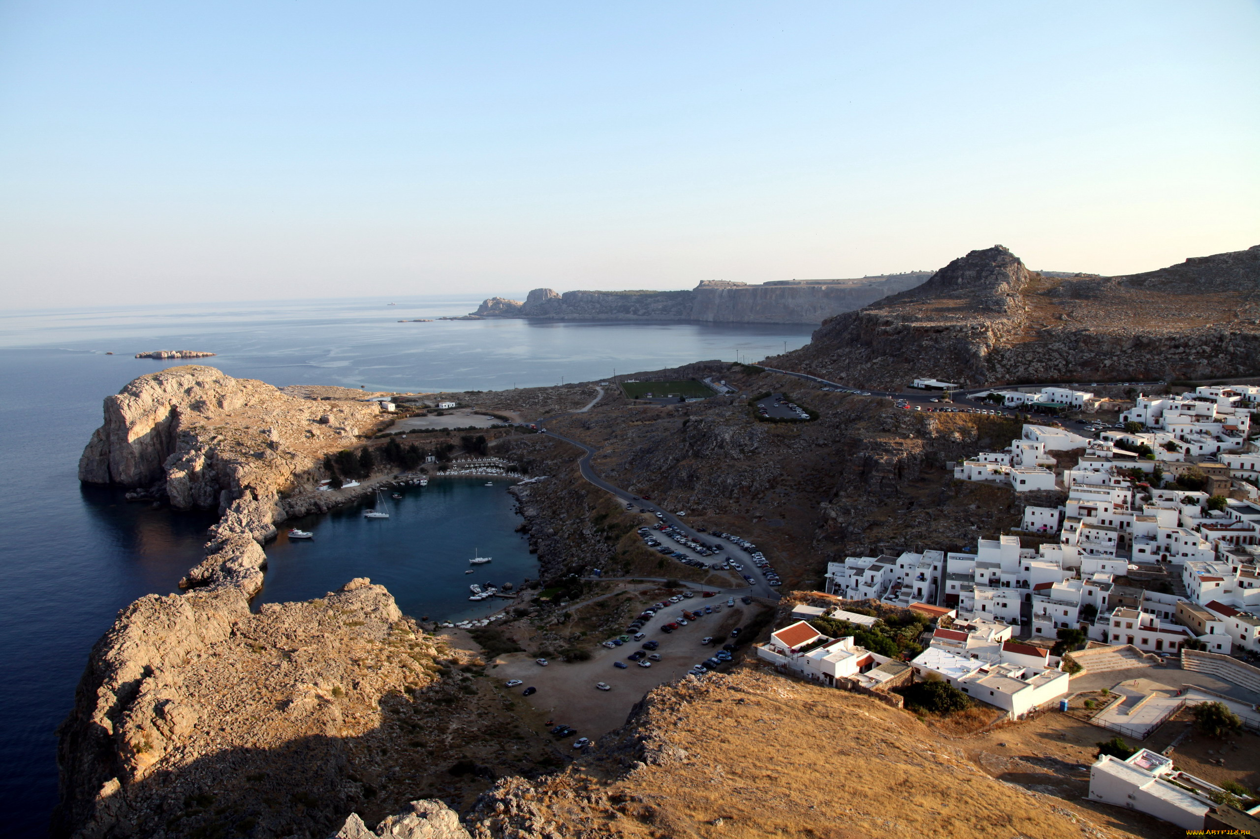 родос, греция, города, -, панорамы, море, залив, дома