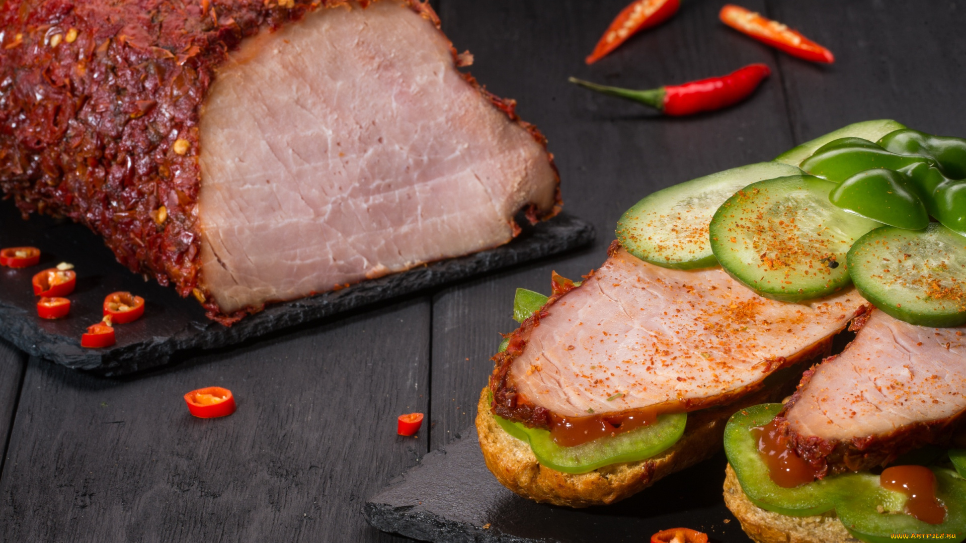 еда, мясные, блюда, ветчина, мясо, огурец, специи, бутерброд