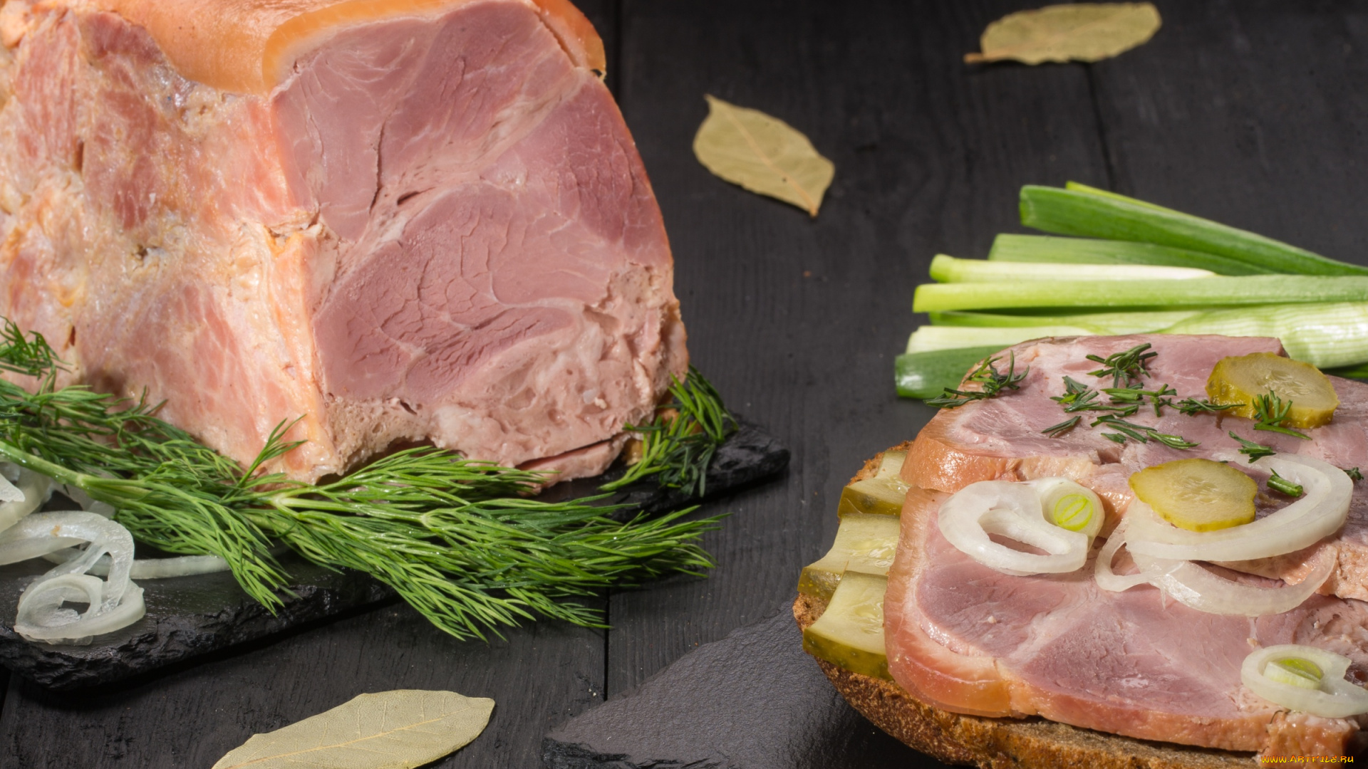 еда, мясные, блюда, ветчина, укроп, лук