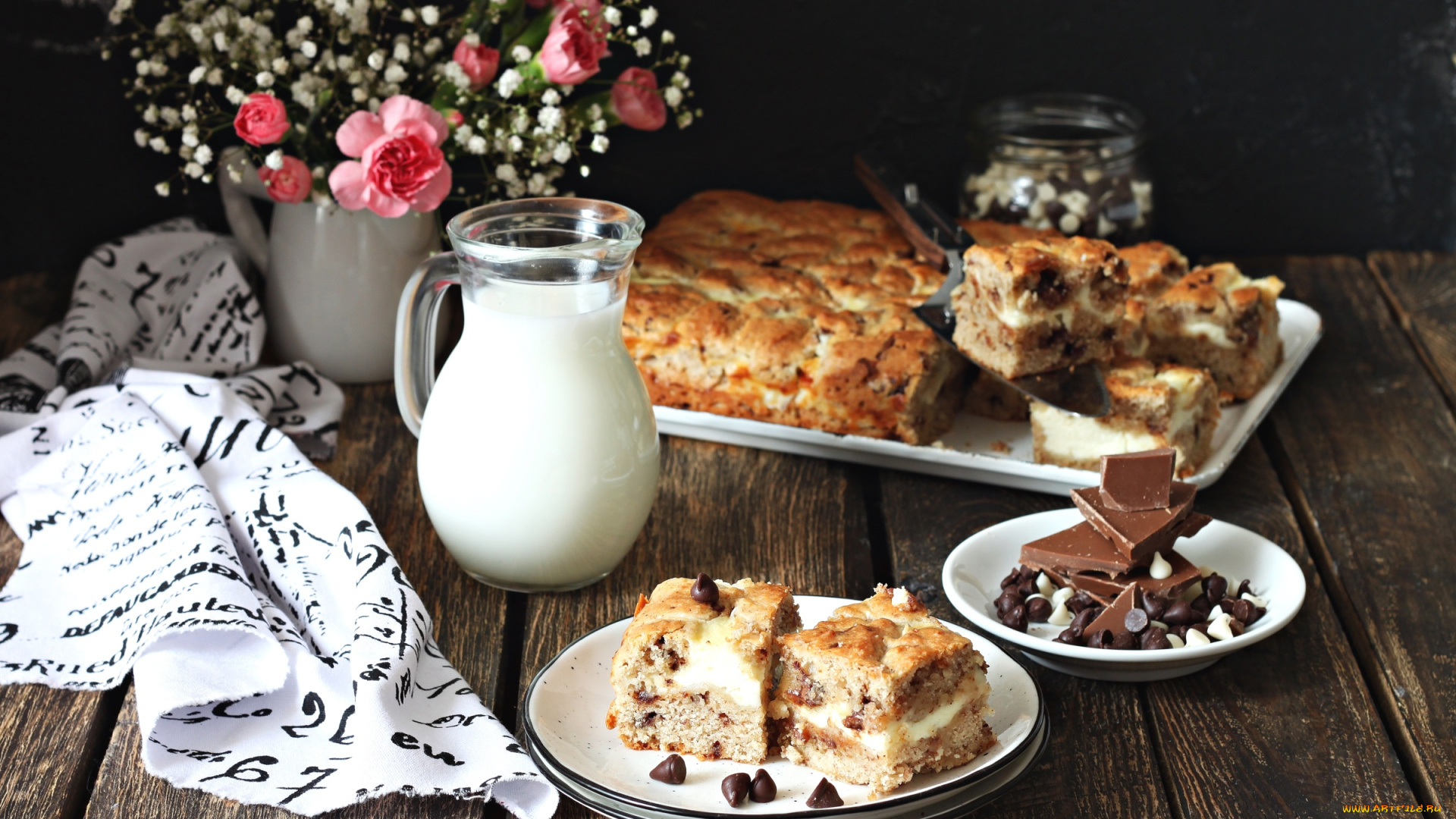 еда, пироги, выпечка, пирог, молоко, цветы
