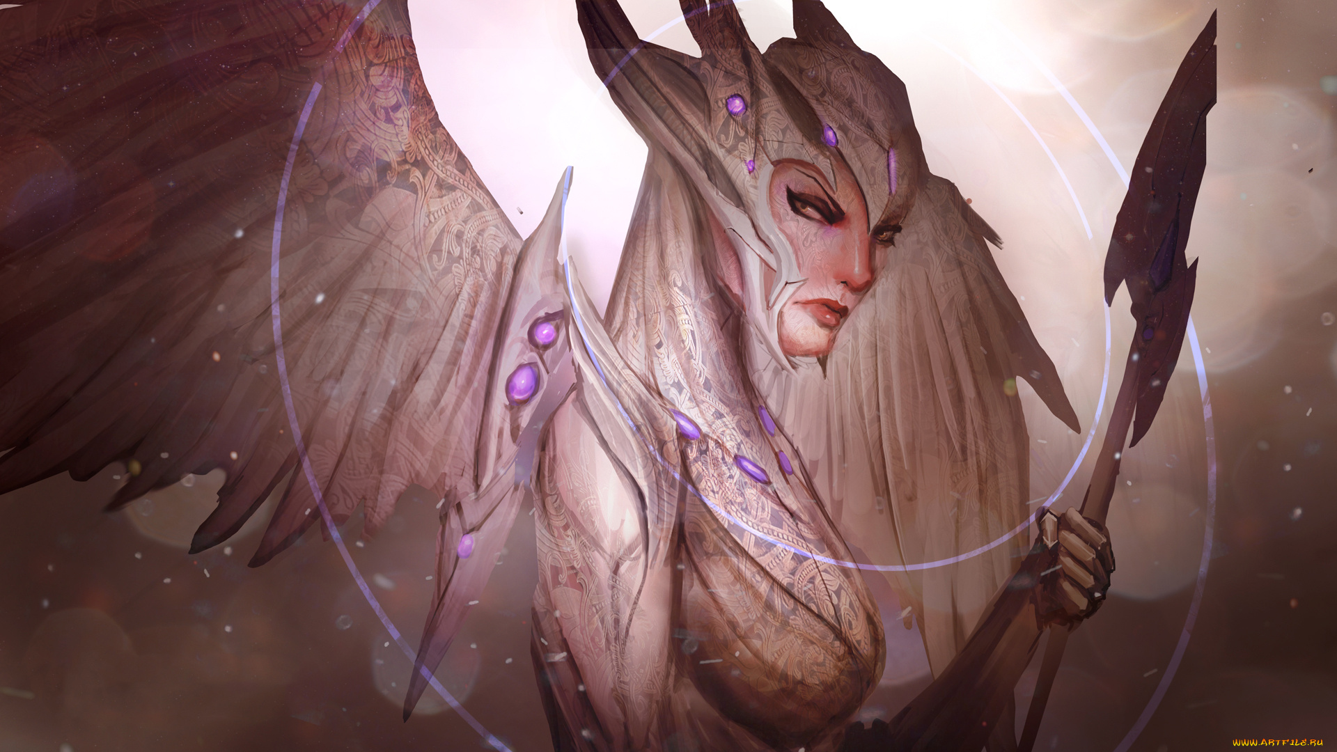 фэнтези, ангелы, девушка, фон, крылья, взгляд