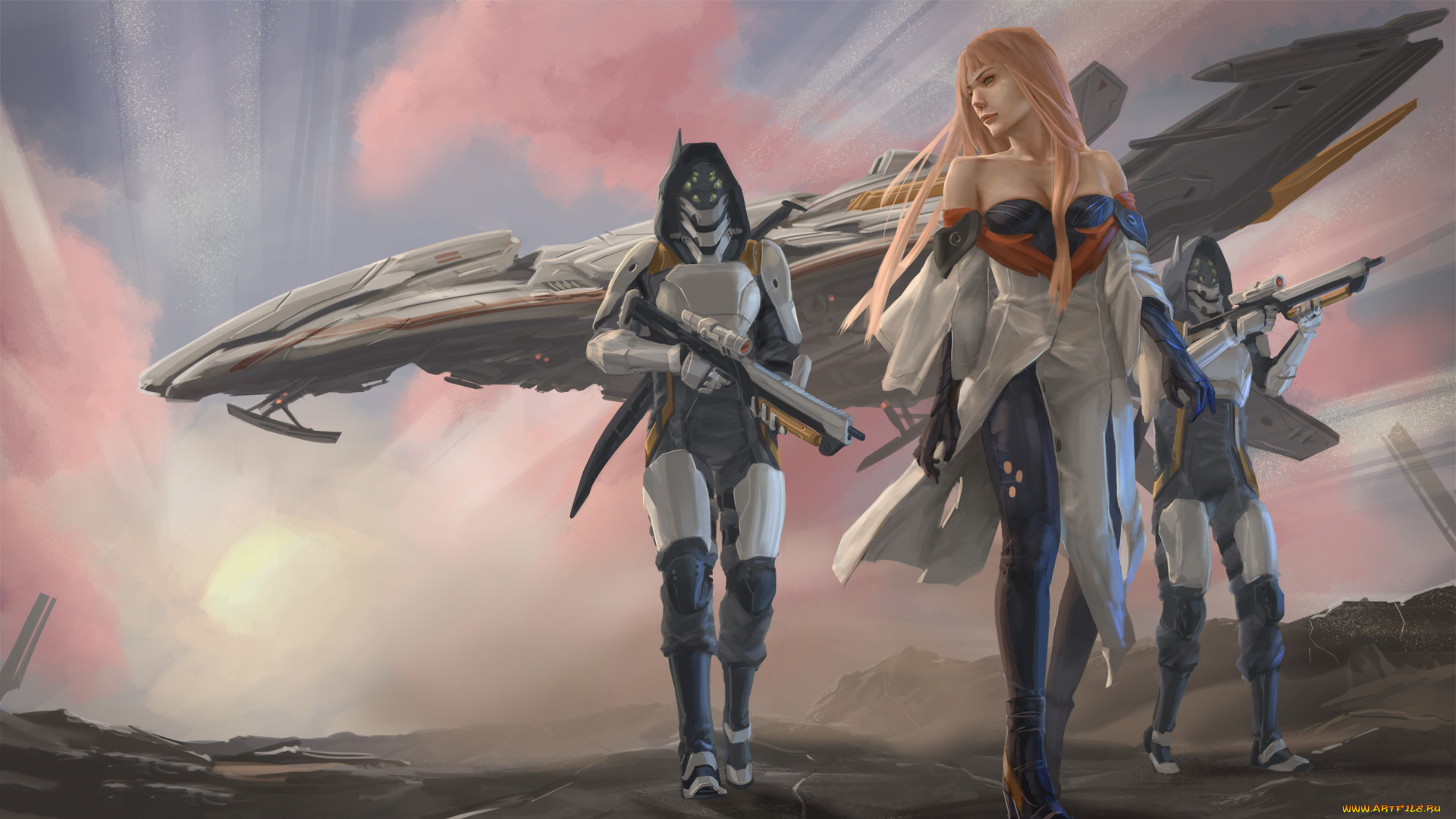 фэнтези, девушки, фон, звездолет, робот, девушка