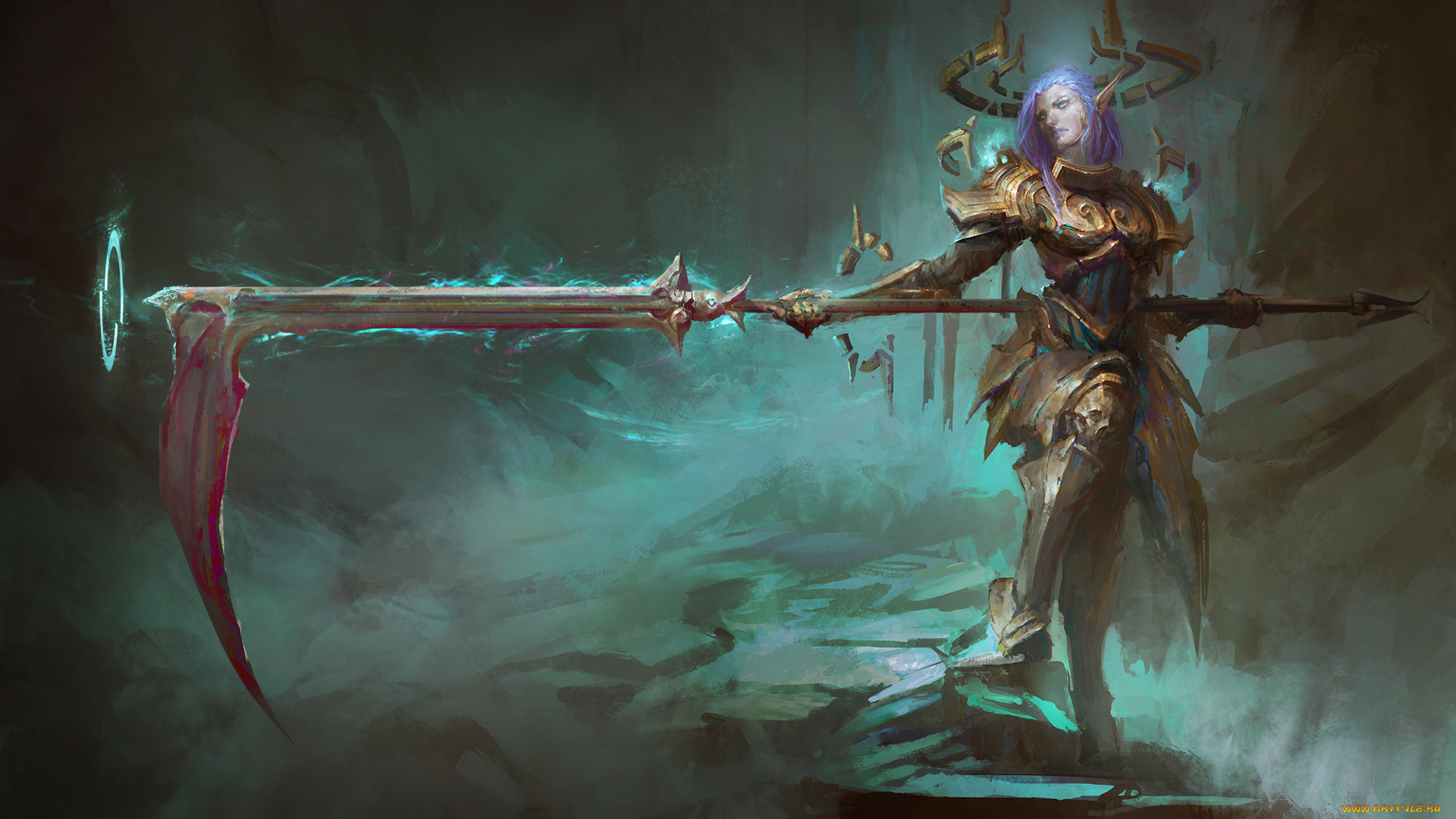 фэнтези, эльфы, девушка, фон, униформа, копье