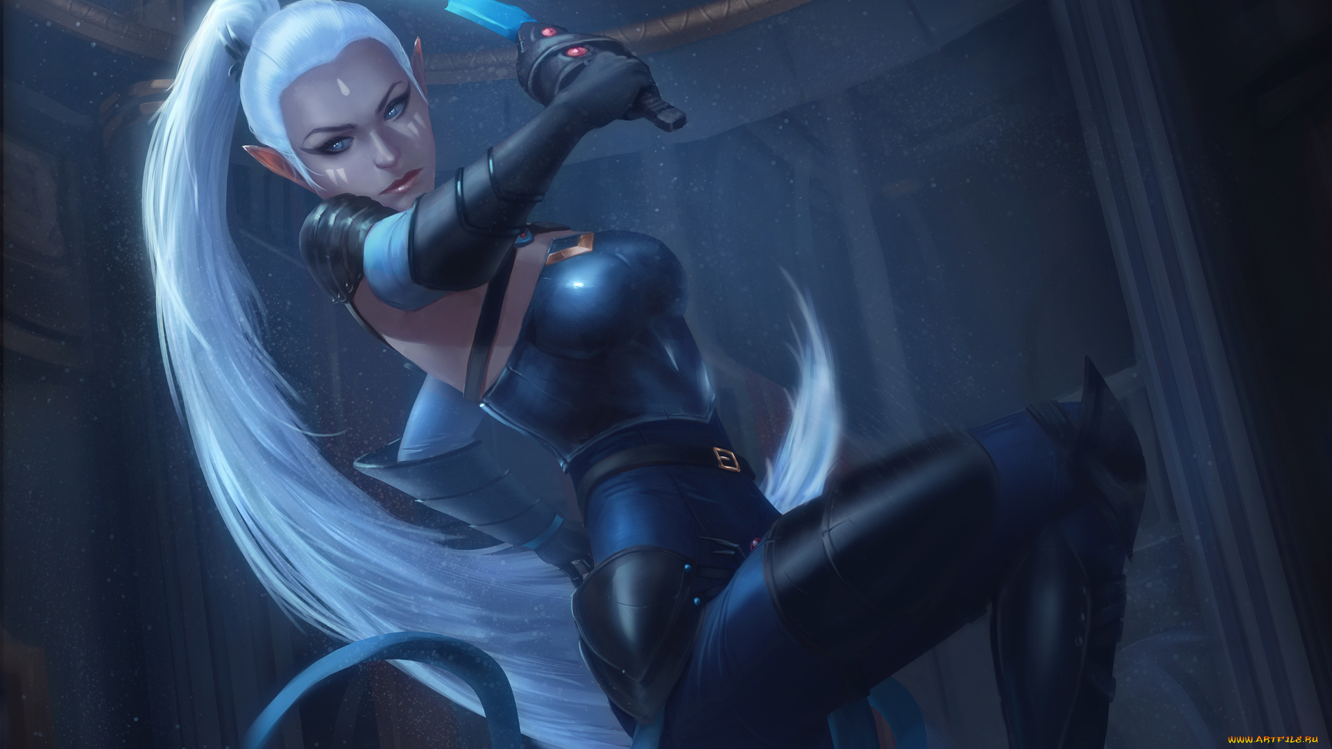 фэнтези, эльфы, эльф, фантазия, девушка, взгляд, adalia, белые, волосы, кинжал