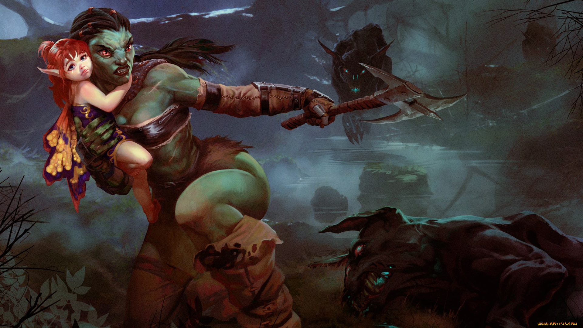 фэнтези, существа, существо, женщина, битва, ребенок, эльф