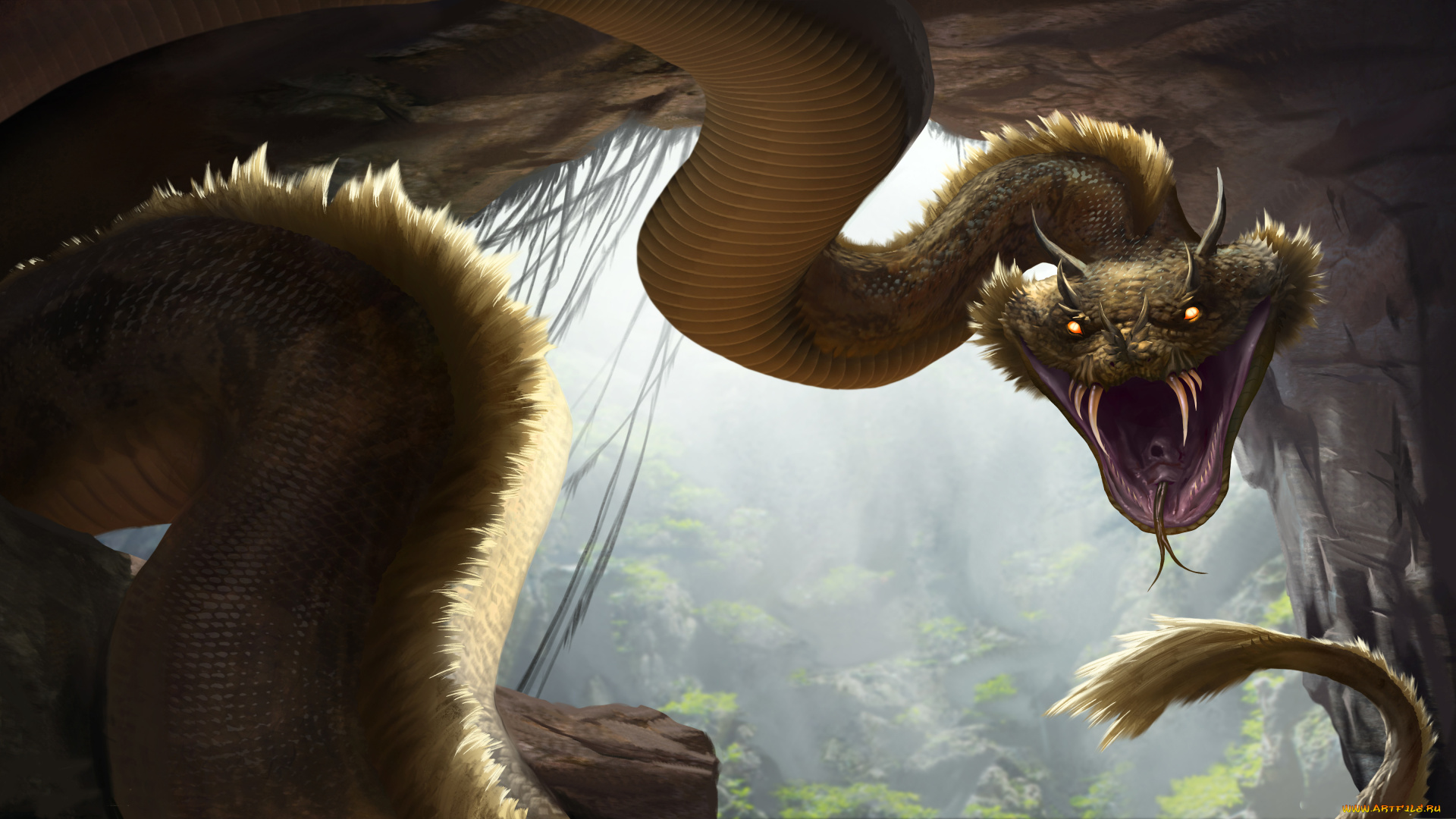 фэнтези, существа, язык, фон, взгляд, змея