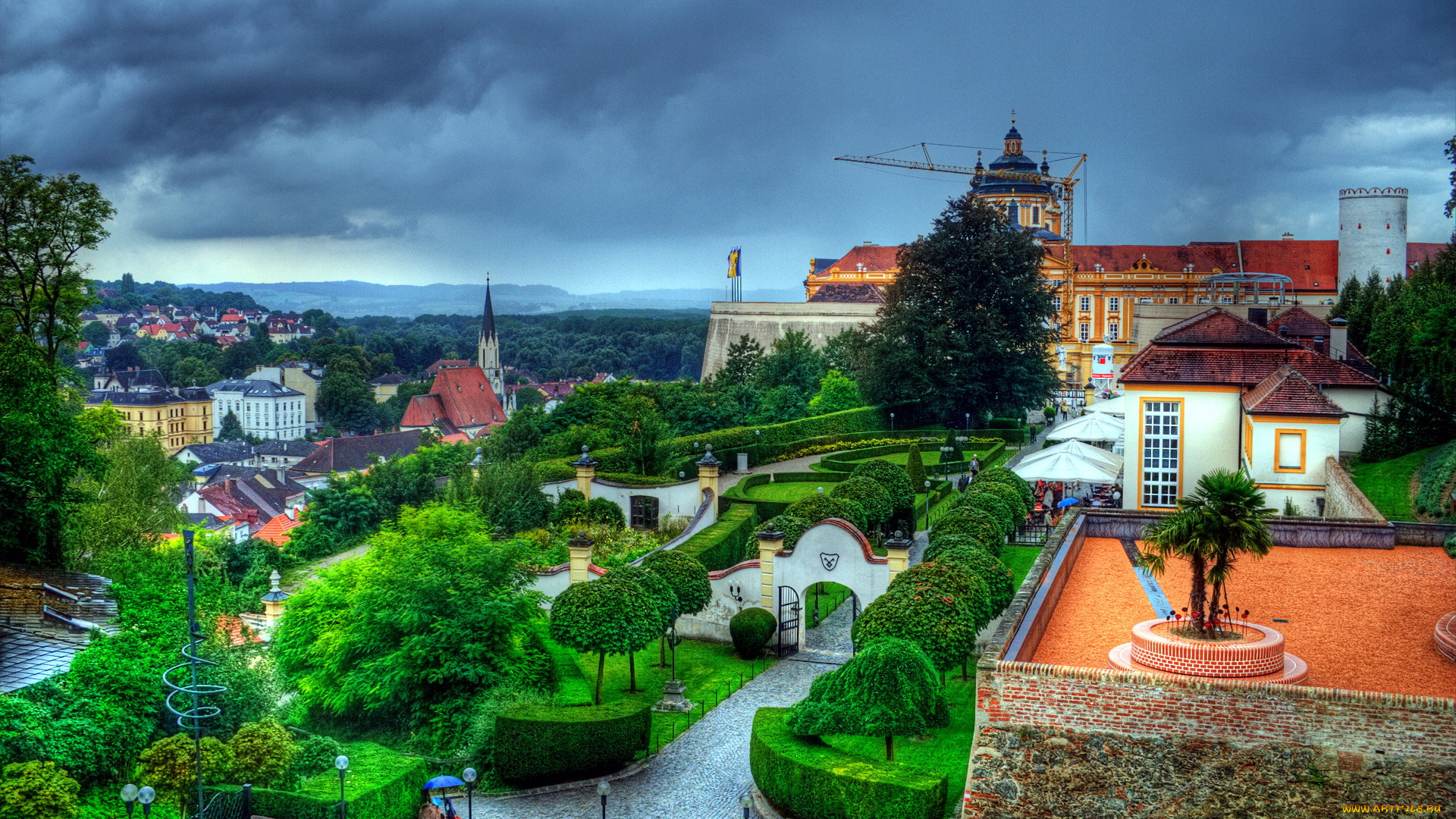 города, -, панорамы, дома, облака, деревья