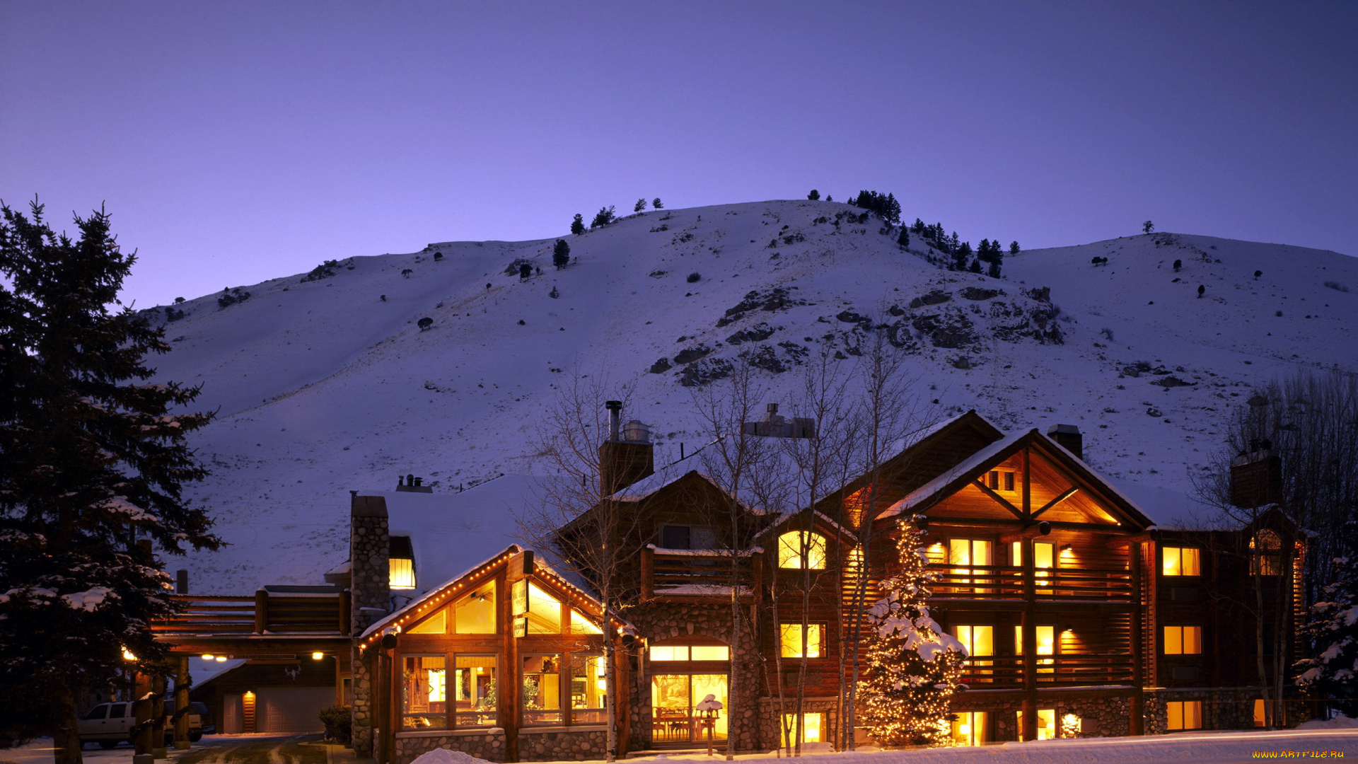 города, -, здания, , дома, гора, шале, вечер