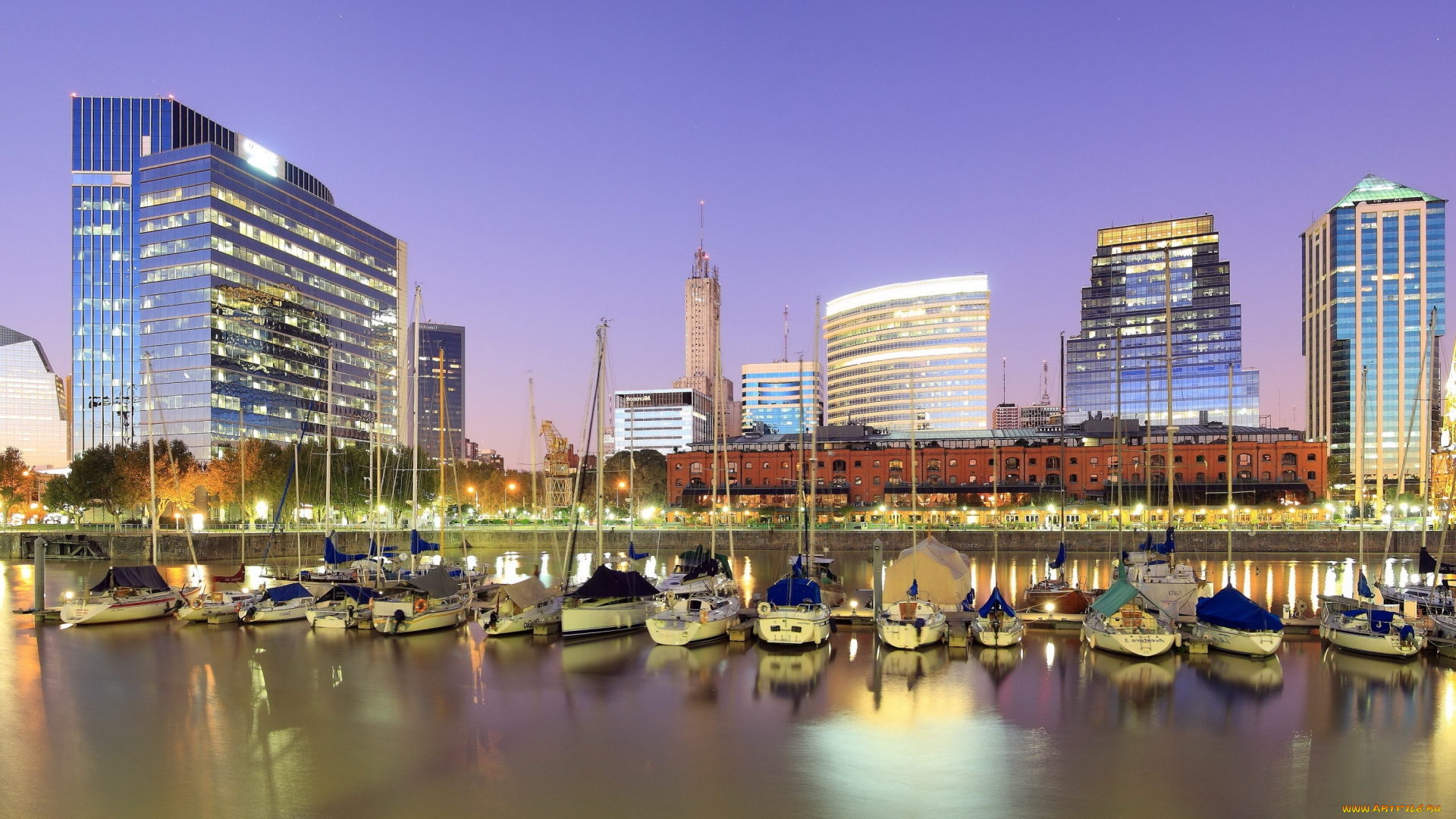 города, буэнос-айрес, , аргентина, вечер, яхты, река, освещение