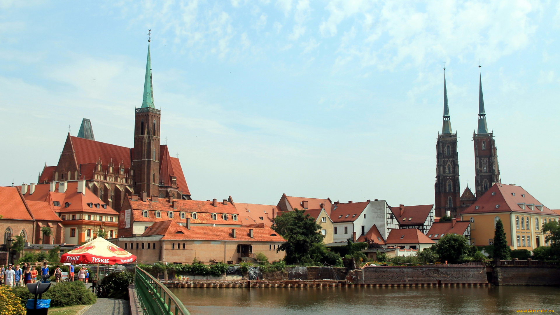 города, вроцлав, , польша, мост, река, шпили