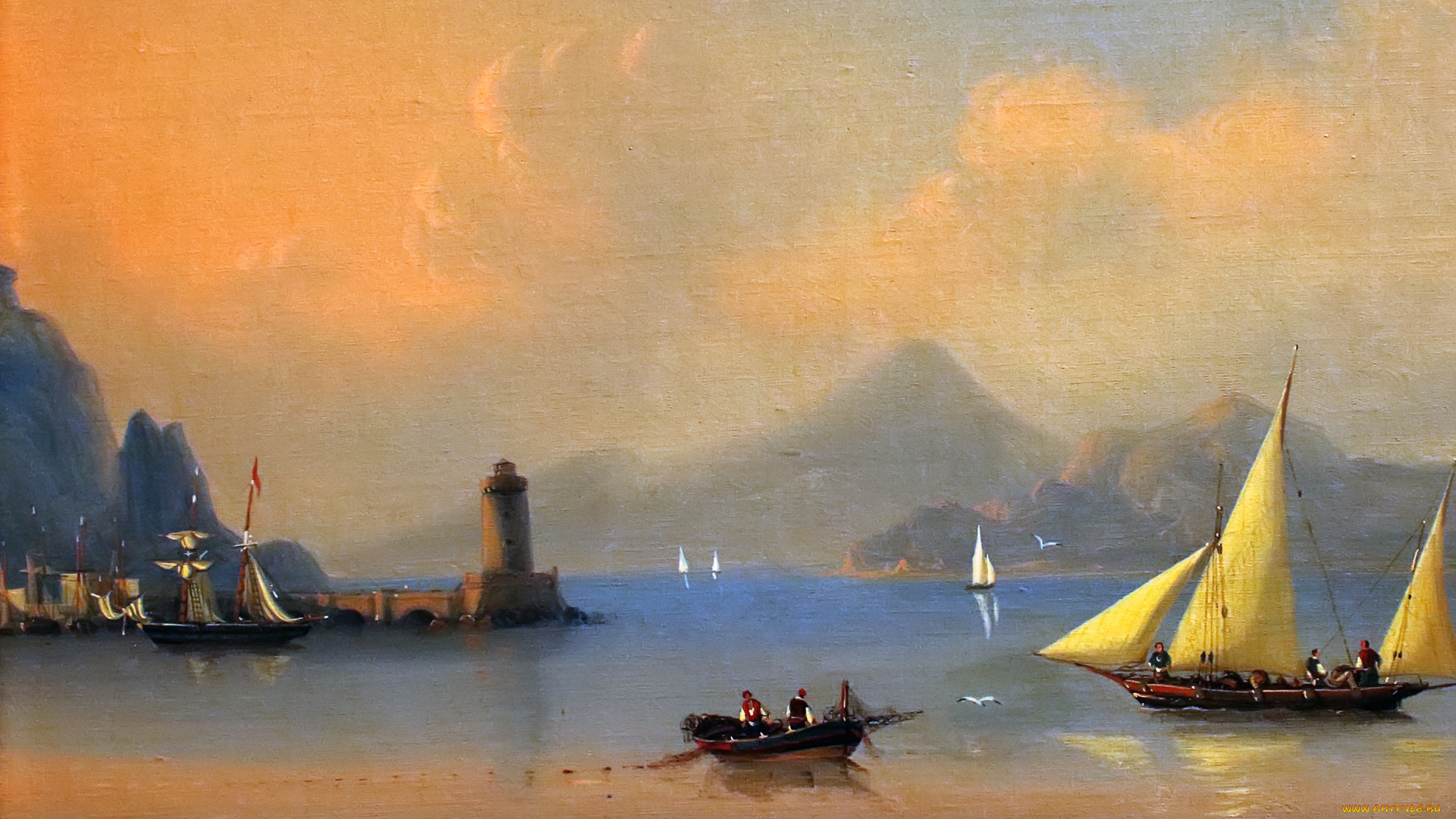 рисованное, иван, айвазовский, картина, painting, айвазовский, иван, парусник, живопись, штиль, маяк, лодка, италия, горы, море, -, sea