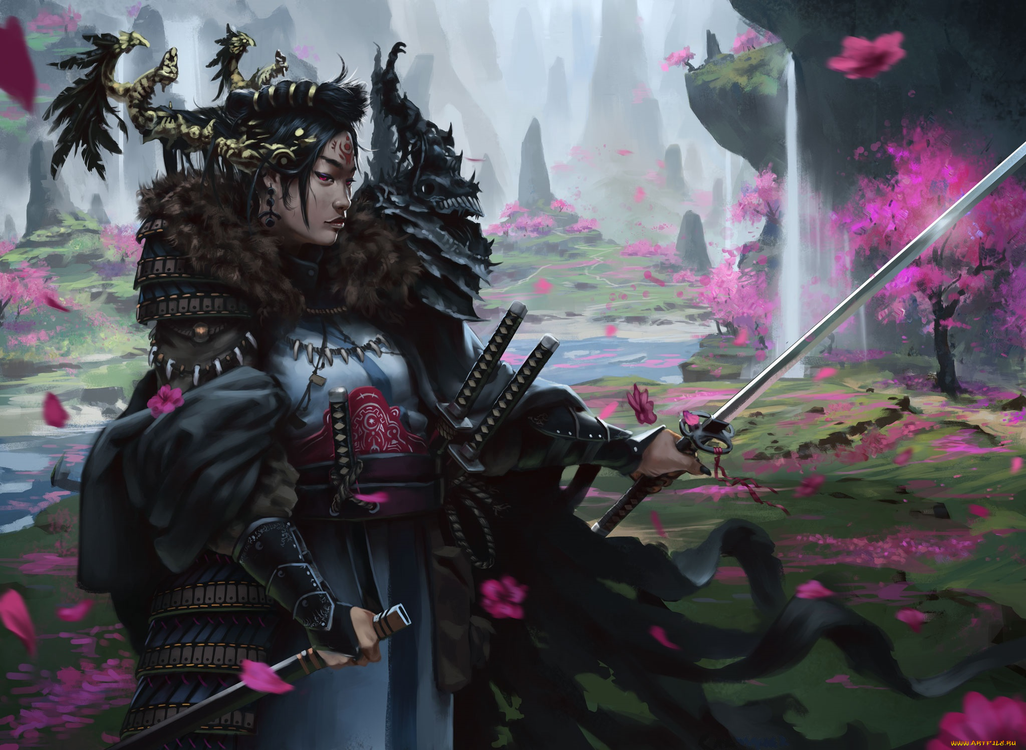 фэнтези, девушки, девушка, самурай, доспехи, меч