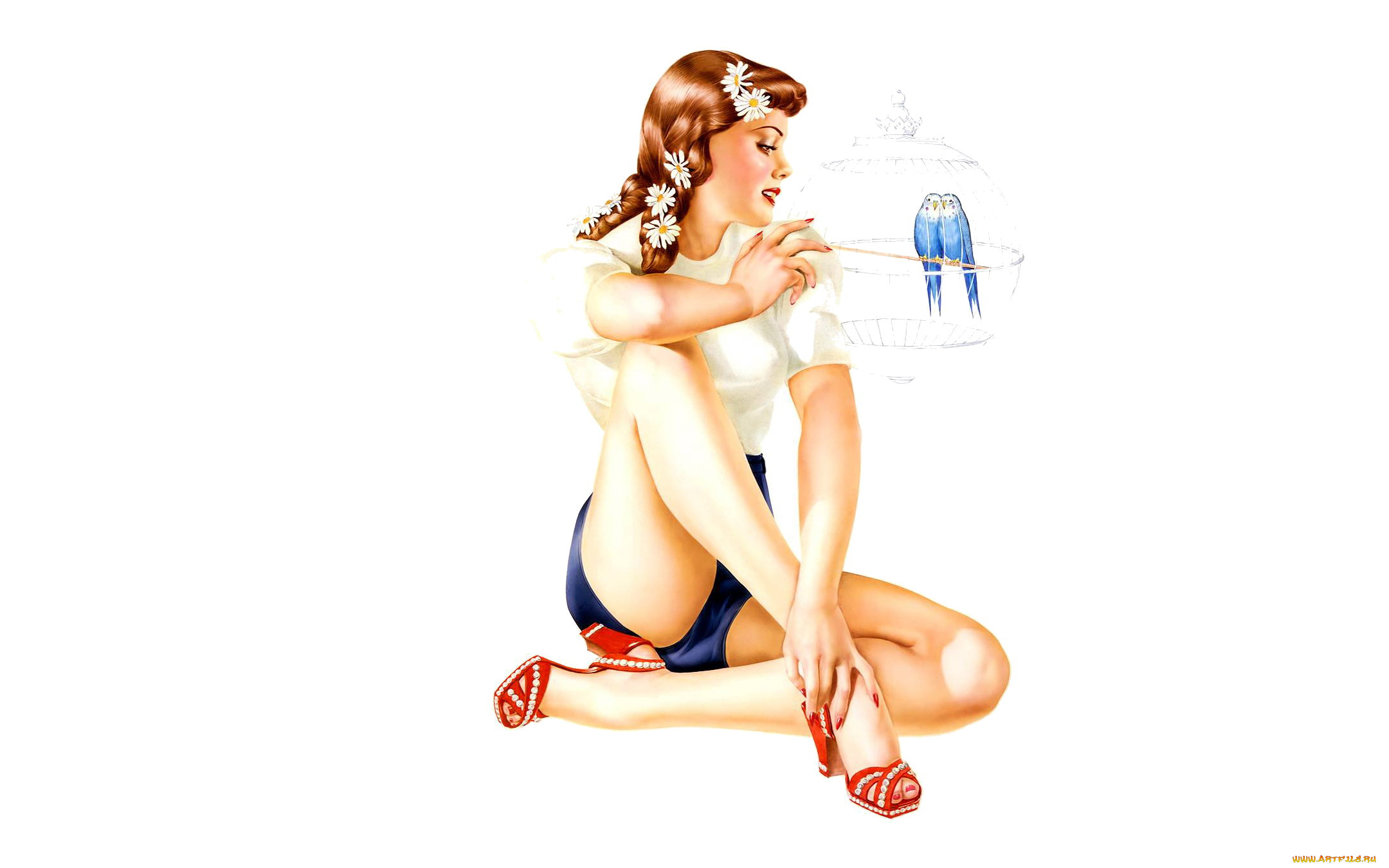 рисованное, люди, улыбка, цветы, каблуки, шорты, девушка, футболка, птицы, попугаи