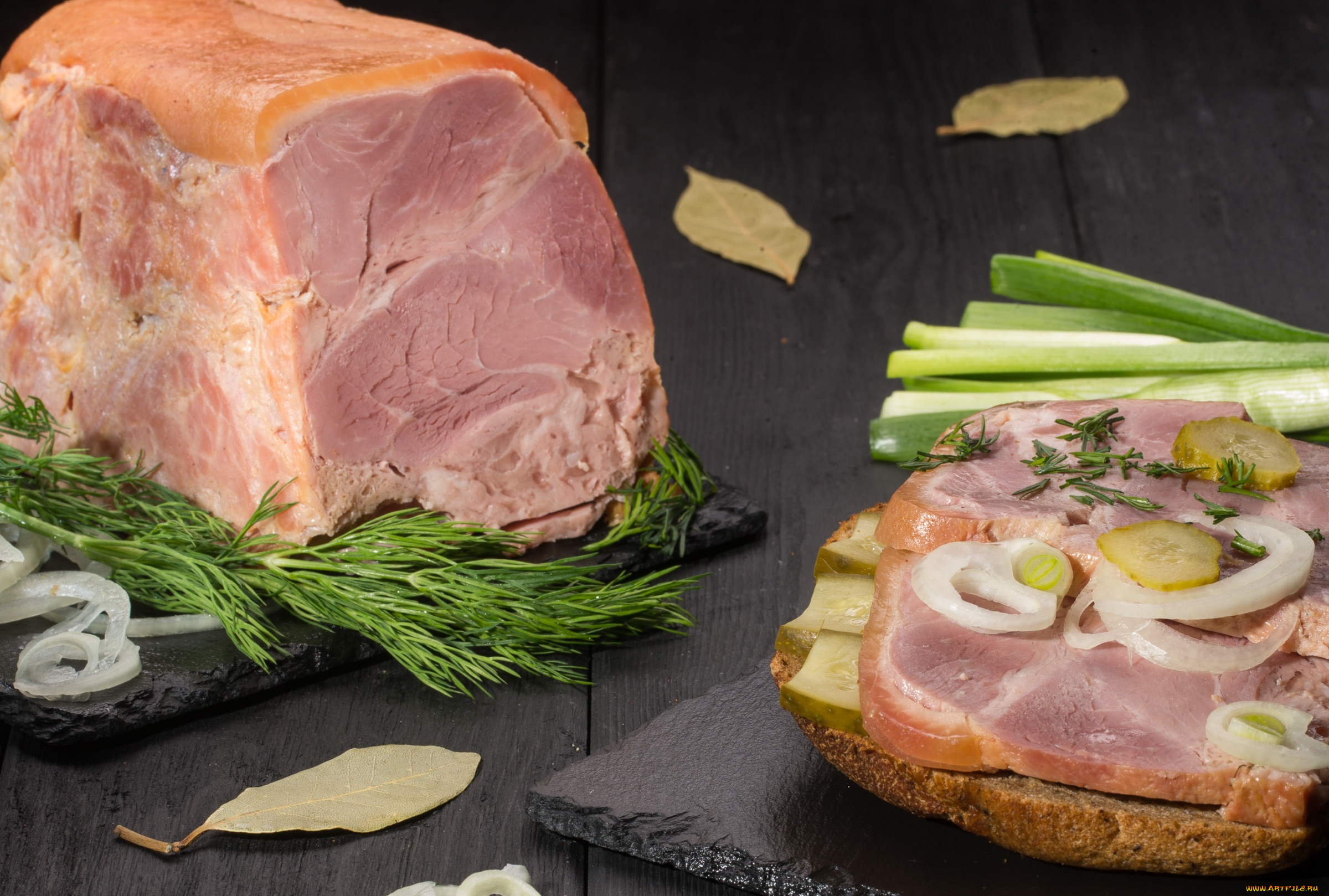 еда, мясные, блюда, ветчина, укроп, лук