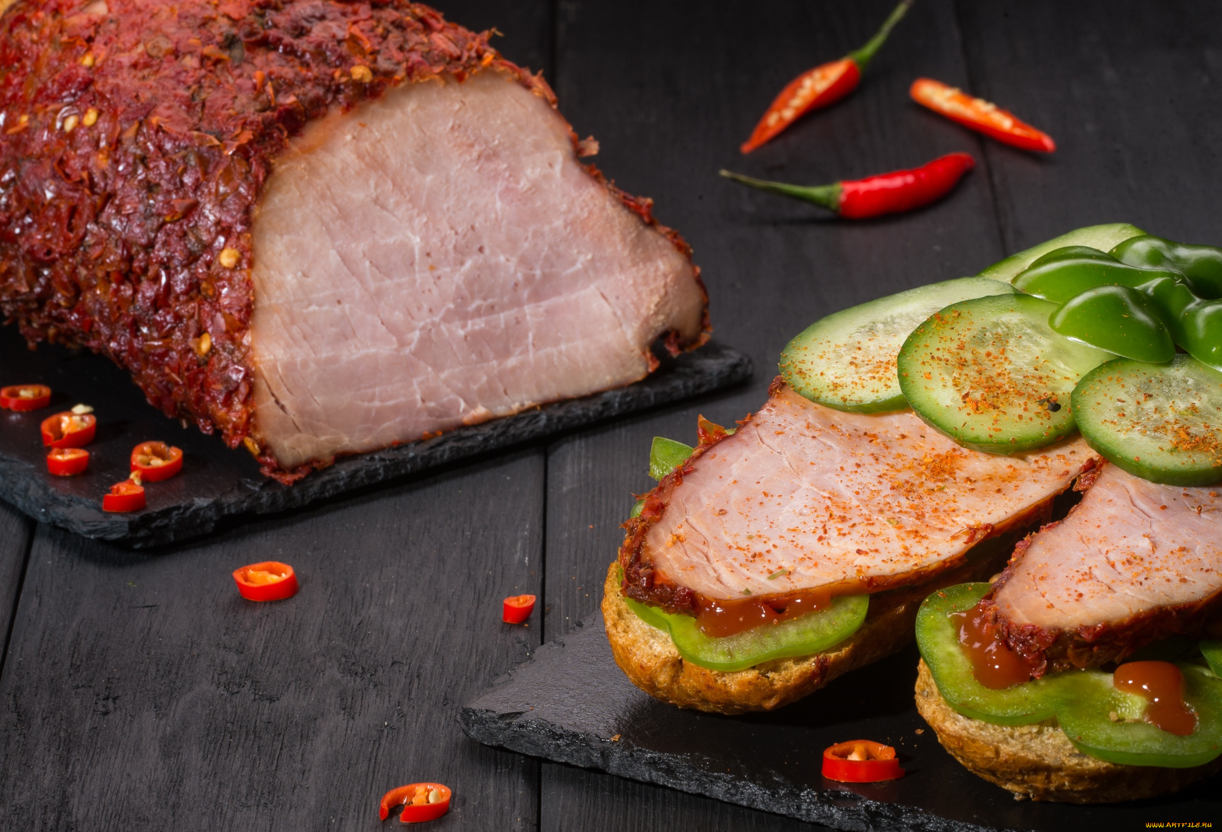 еда, мясные, блюда, ветчина, мясо, огурец, специи, бутерброд