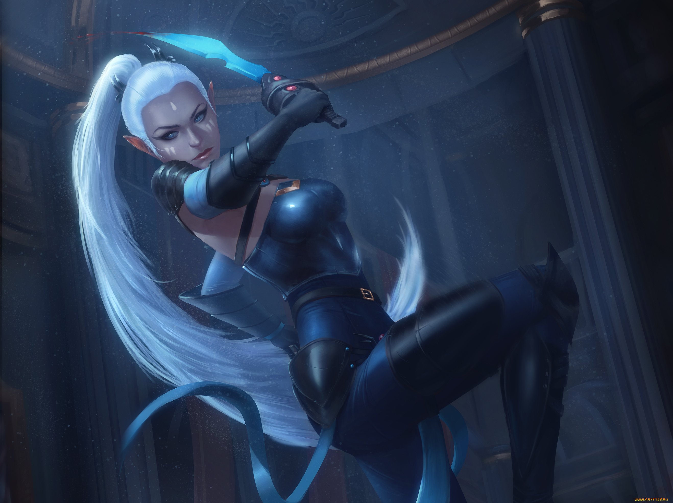 фэнтези, эльфы, эльф, фантазия, девушка, взгляд, adalia, белые, волосы, кинжал