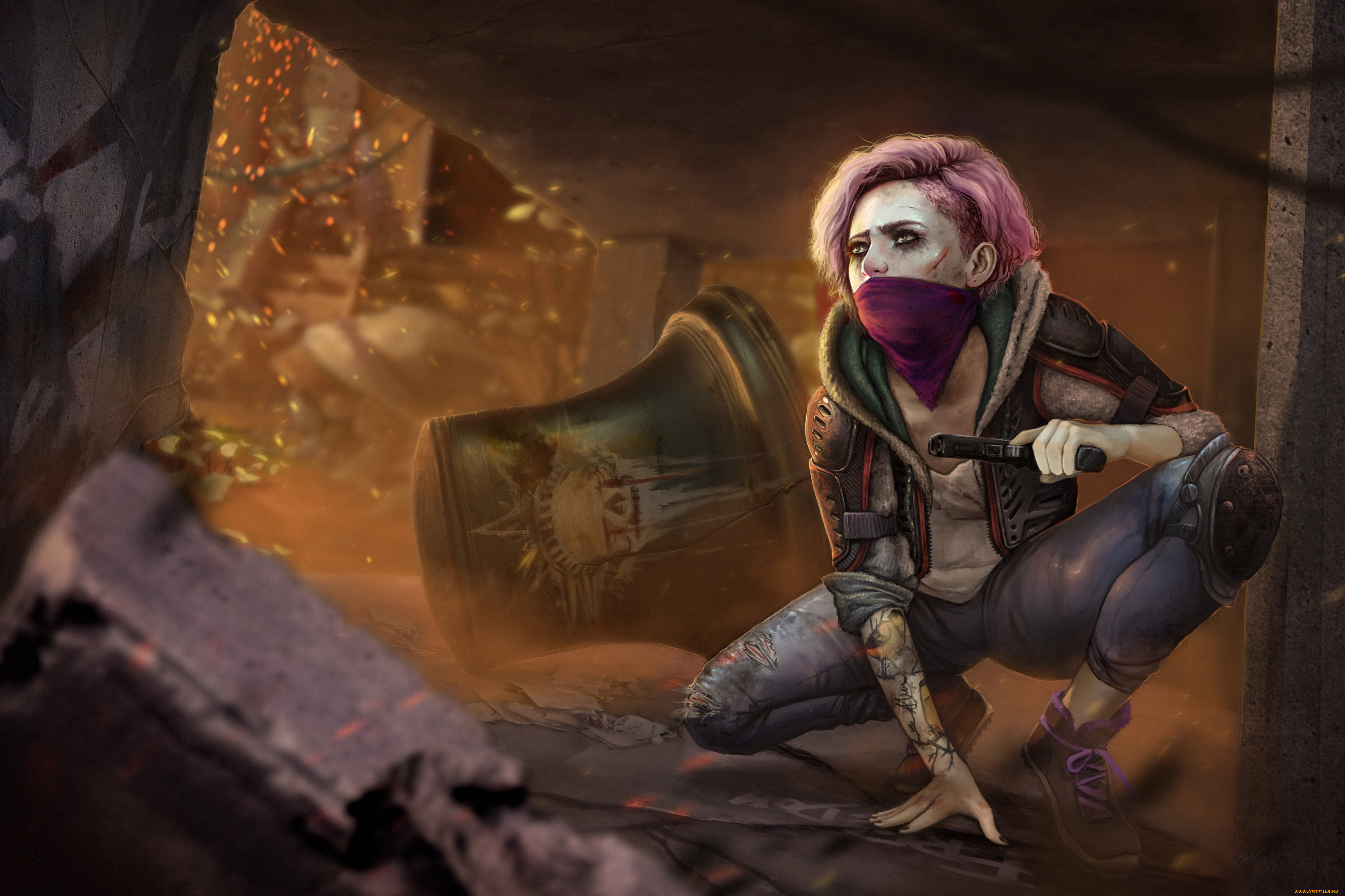 фэнтези, девушки, взгляд, фон, девушка, колокол, платок, пистолет