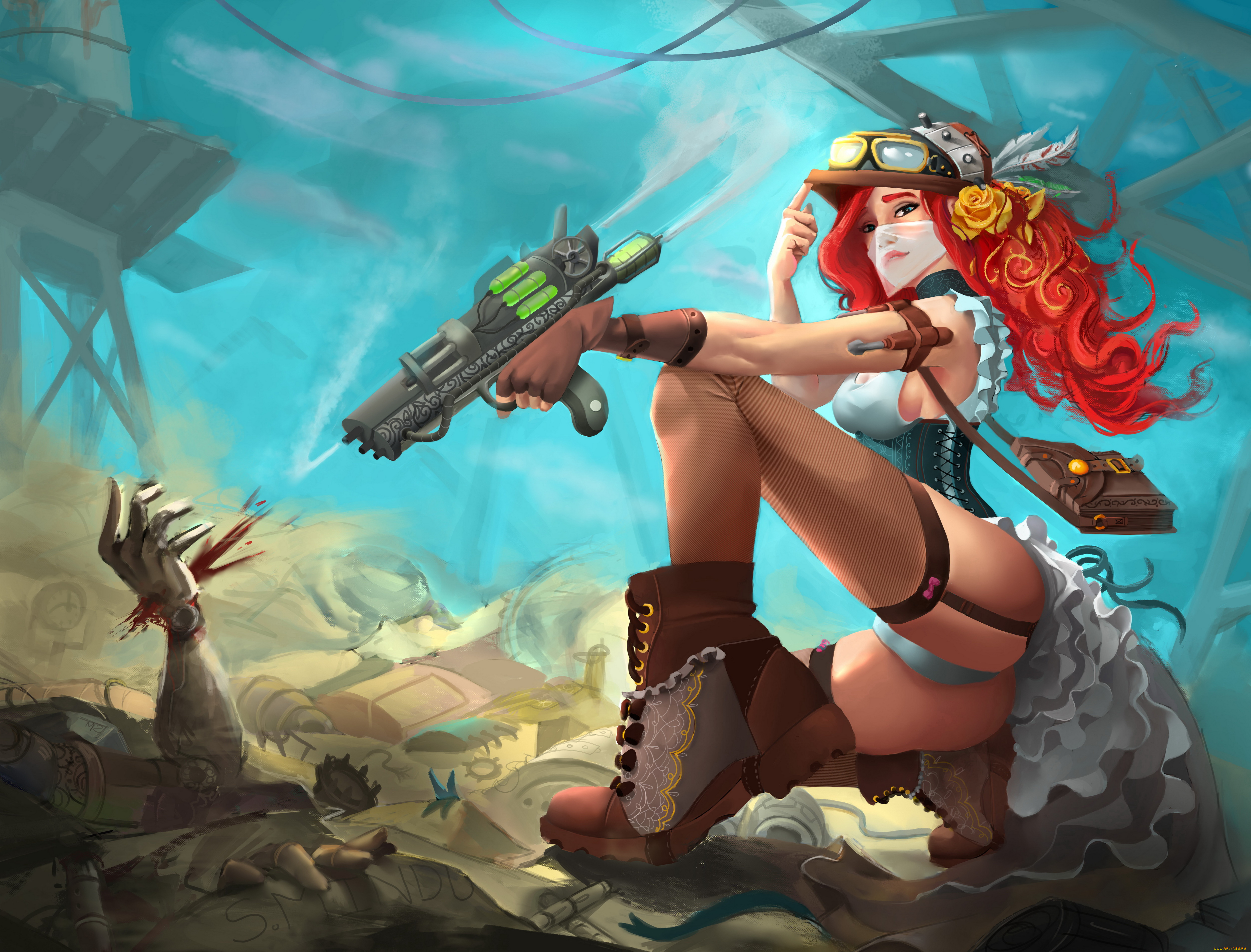 фэнтези, девушки, пистолет, вуаль, взгляд, фон, девушка