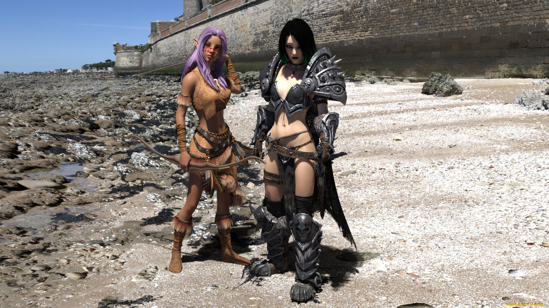 3д, графика, эльфы, , elves, фон, взгляд, девушки