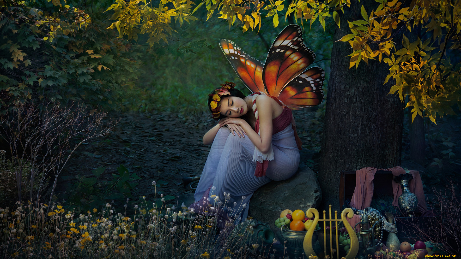 разное, компьютерный, дизайн, арфа, крылья, природа, фэнтези, девушка, бабочка, эльф, лес, азиатка