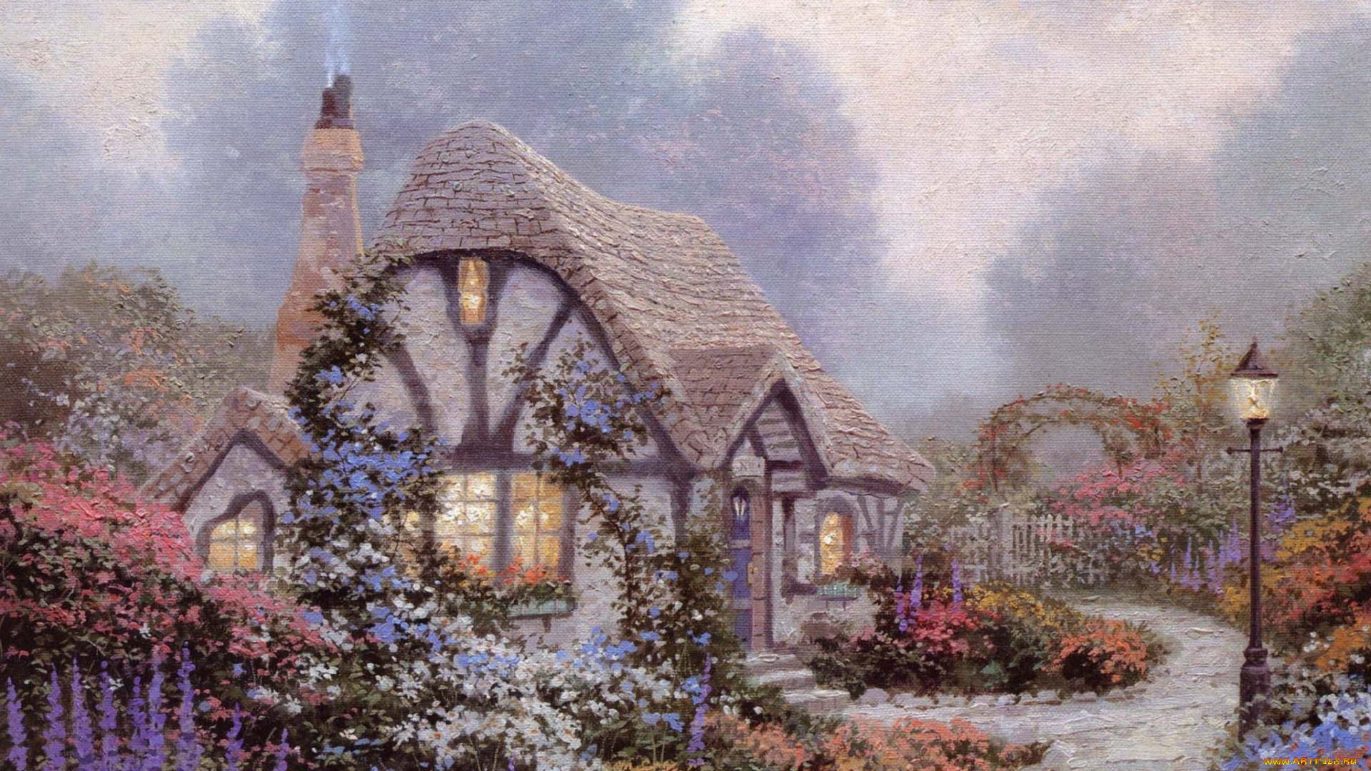 рисованное, thomas, kinkade, дорожка, сад, фонари, цветы, коттедж, дом