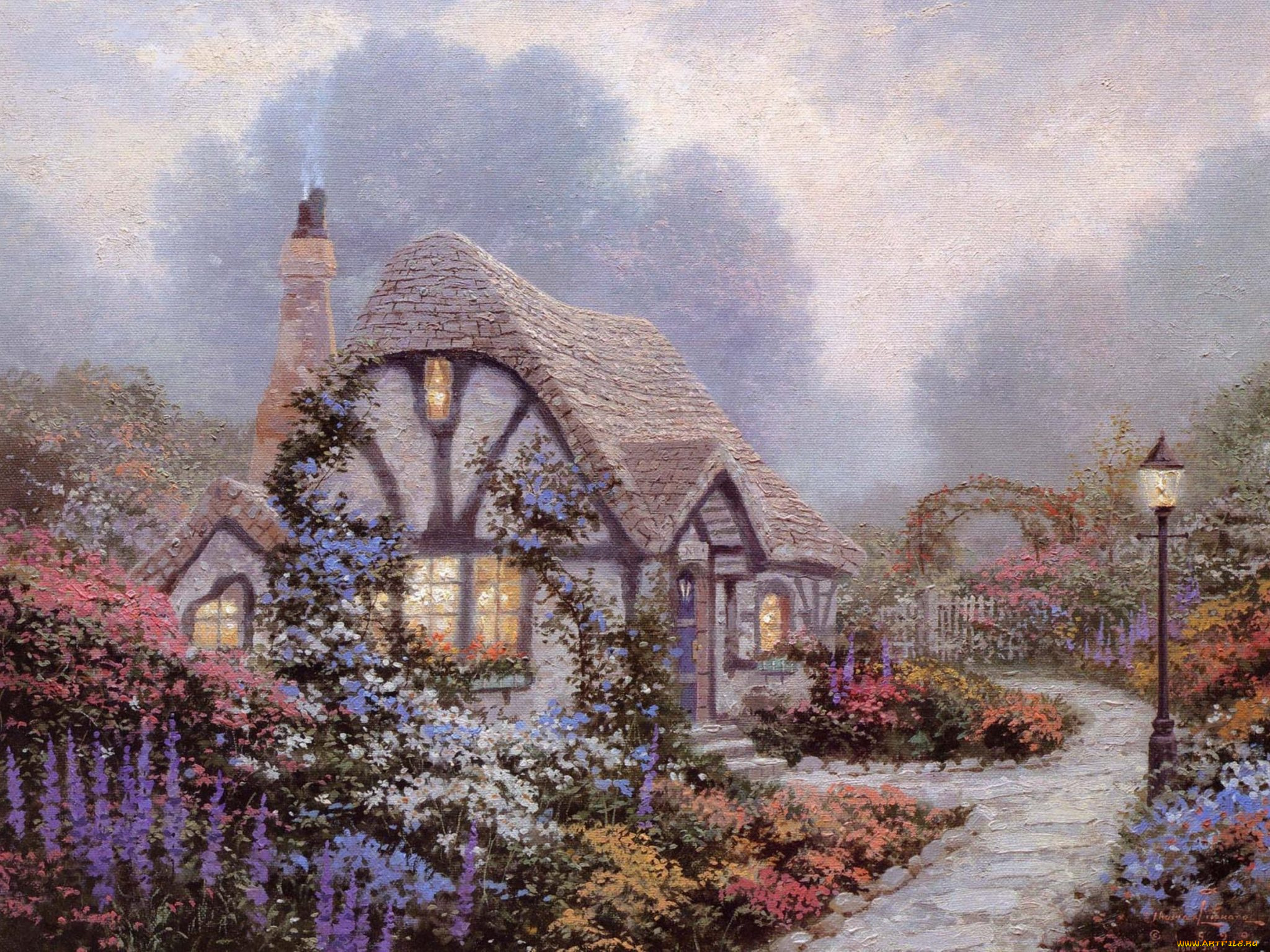 рисованное, thomas, kinkade, дорожка, сад, фонари, цветы, коттедж, дом